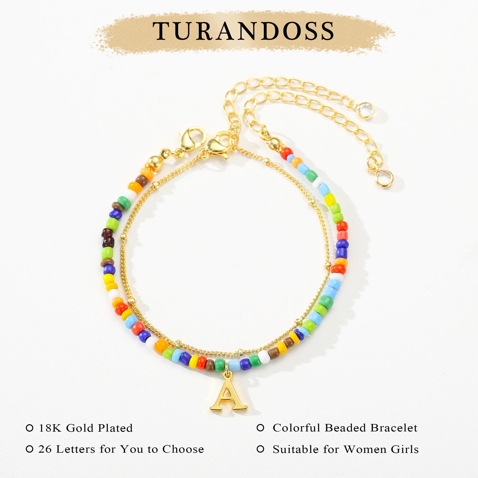 Turandoss Colorful Beaded Bracelets for Women & Girls - 18K Gold Plated Initial Bracelet, Dainty Boho Beaded Jewelry, Personalized Name Bracelet | Perfect Birthday Gift for Her, Teen Girl Gifts, Everyday Wear & Special Occasions