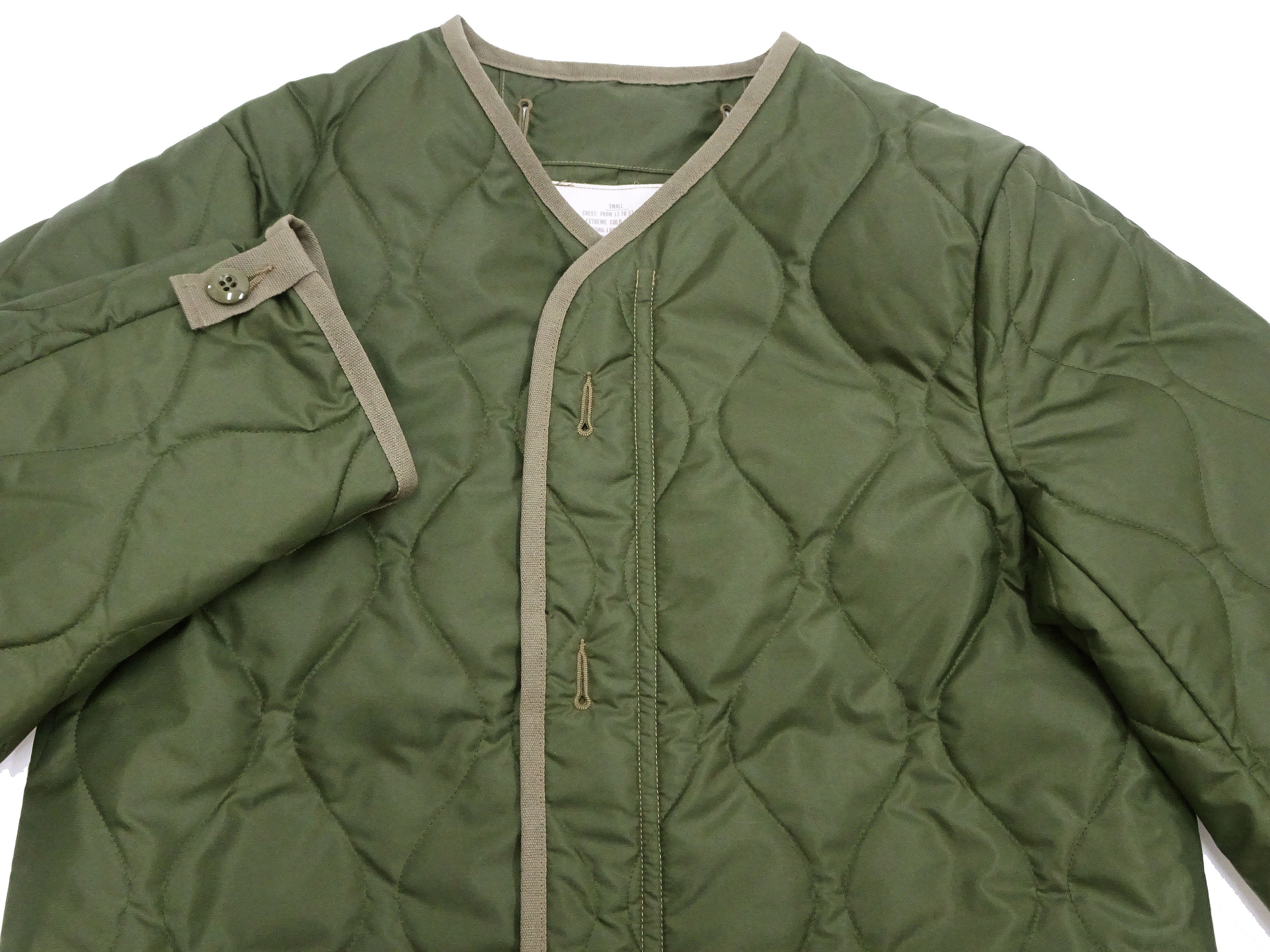 Buzz Rickson Men's Collarless Nylon Quilted Jacket - Updated M-65 Field Jacket Liner Inspired Design (BR14863, Olive) | Military Style Outerwear for Casual Wear & Outdoor Activities
