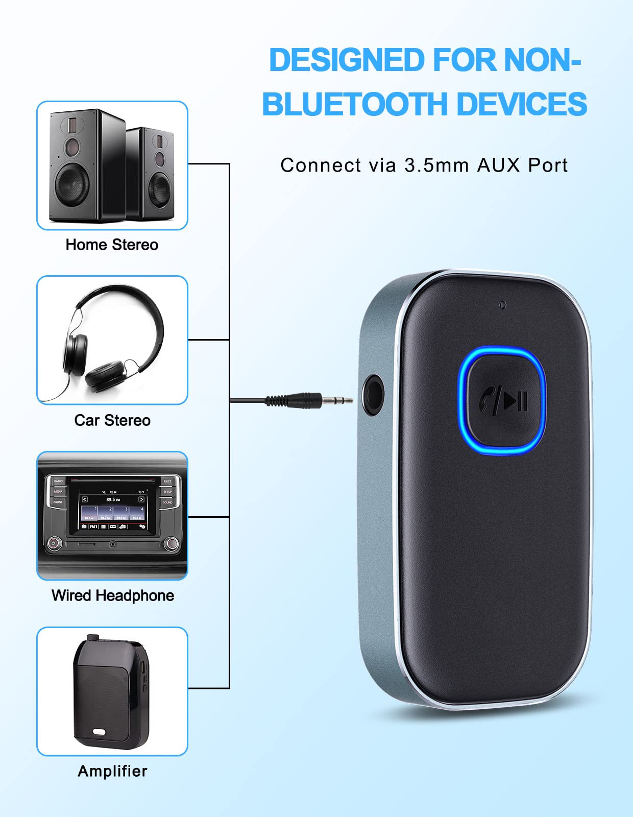 COMSOON Bluetooth AUX Adapter for Car - Wireless Audio Receiver with Noise Reduction for Music & Hands-Free Calls, 16H Battery Life & Dual Connect (Black+Gray) - Perfect for Car Audio Systems, Home Stereo & Speakers