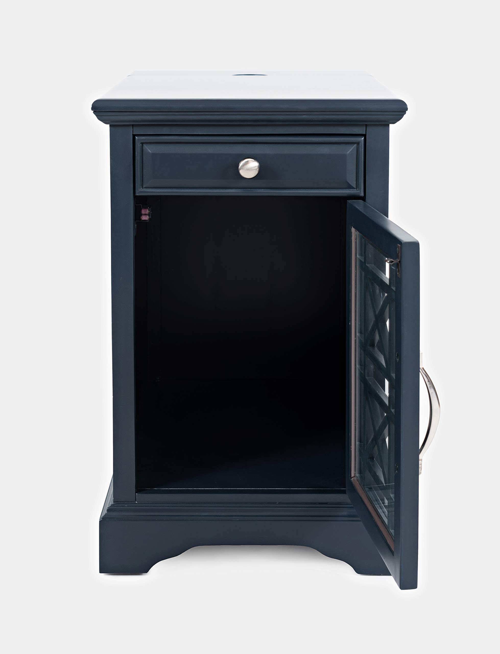 Farmhouse Style USB Charging Station End Table with Glass Door & Storage - Nightstand for Bedroom, Living Room, Office - Navy Wooden Side Table for Phone & Device Organization