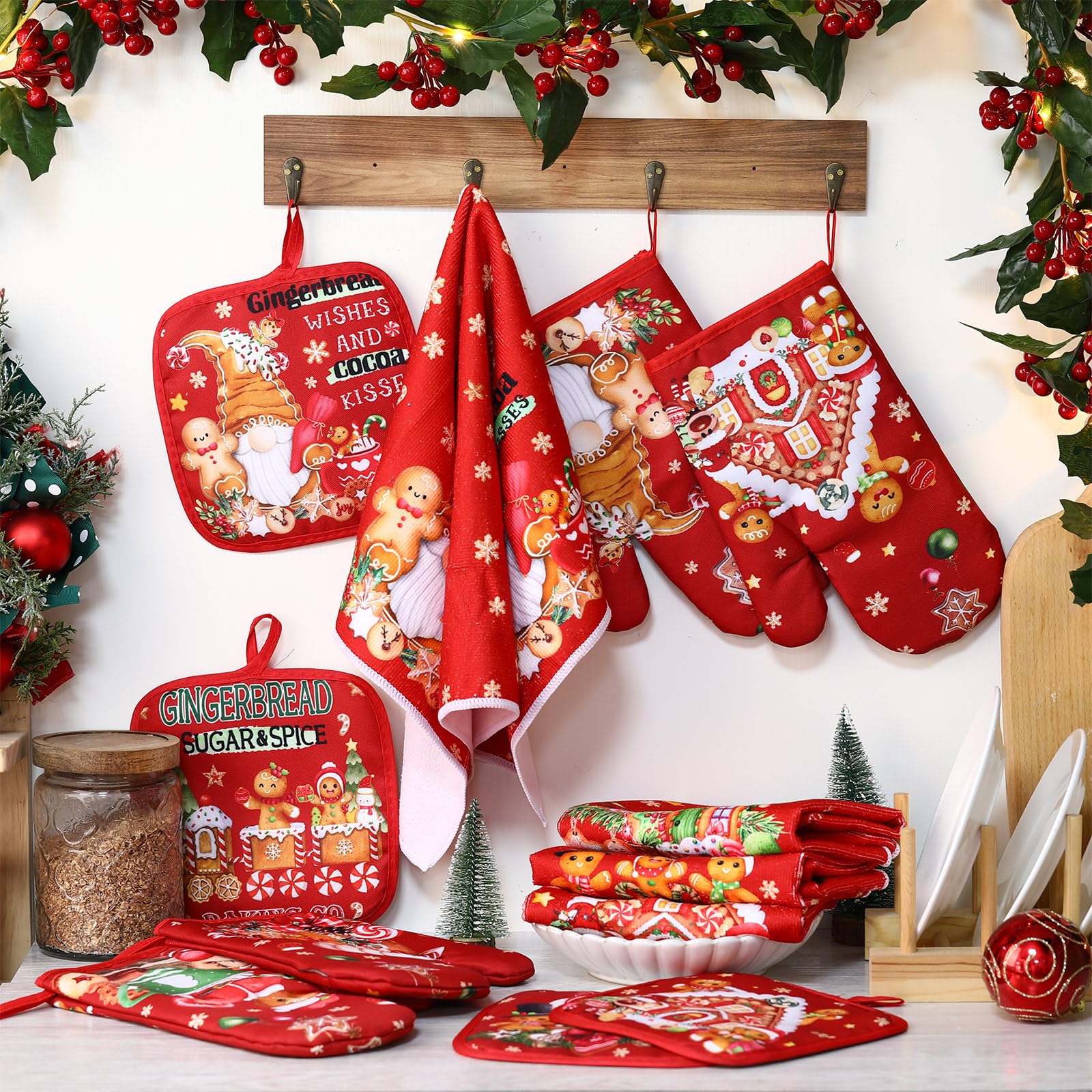 12-Piece Christmas Kitchen Set - 4 Gingerbread Man Dish Towels, 4 Gingerbread House Oven Mitts & 4 Candy Pot Holders for Holiday Cooking, Baking & Festive Home Decor | Perfect for Christmas Dinner, Cookie Baking & Kitchen Gifts