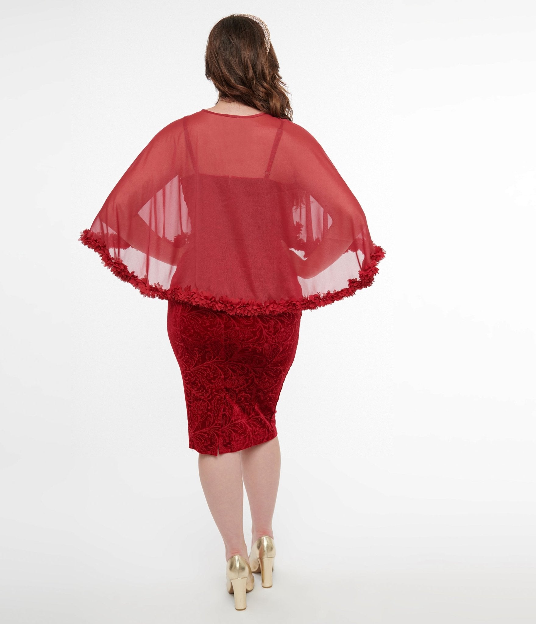 Vintage 1960s Red Velvet Ruffle Capelet Wiggle Dress - Retro Cocktail Party & Holiday Formal Wear - Unique 60s Style Evening Gown for Women