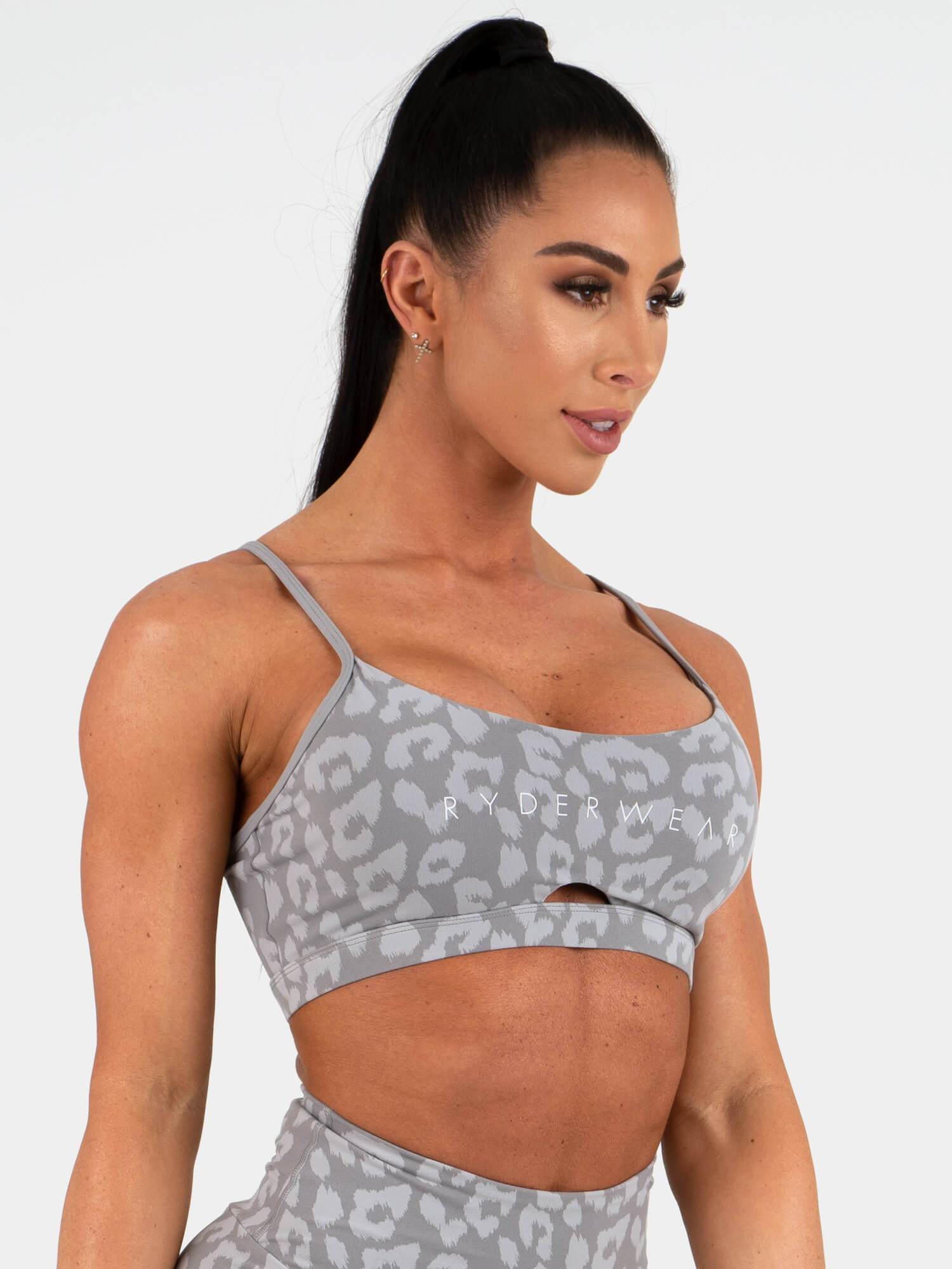 Women's High Impact Animal Print Sports Bra - Leopard Grey for Running, Yoga & Gym Workouts
