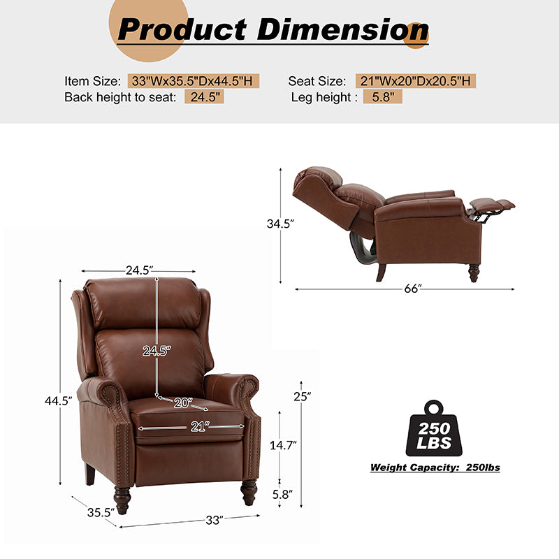 Lucina Genuine Leather Manual Recliner Chair - Handcrafted Premium Leather Living Room Furniture for Relaxation & Comfort - Perfect for Home Theater, Reading Nook, and Office Lounge