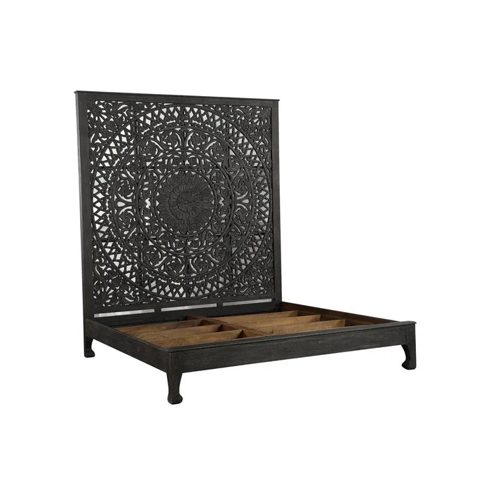 Hand Carved Solid Wood Low Profile Standard Bed Frame - Black | Modern Minimalist Bedroom Furniture for Small Spaces & Cozy Home Decor