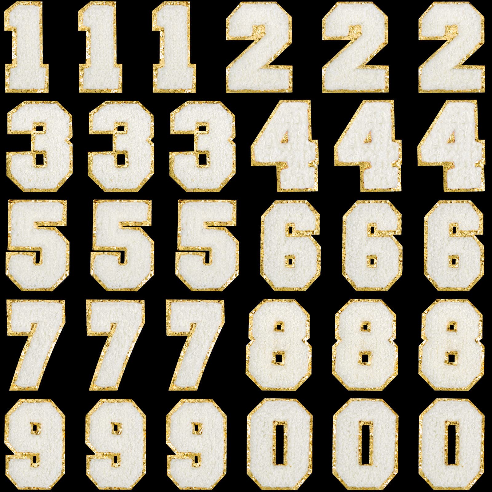 30 Pieces White Chenille Iron-On Number Patches for Jackets - DIY Embroidery Applique for Jersey, Fabric & Crafts - Glitter Sew-On Numbers for Sports Uniforms, Team Jerseys & DIY Decor