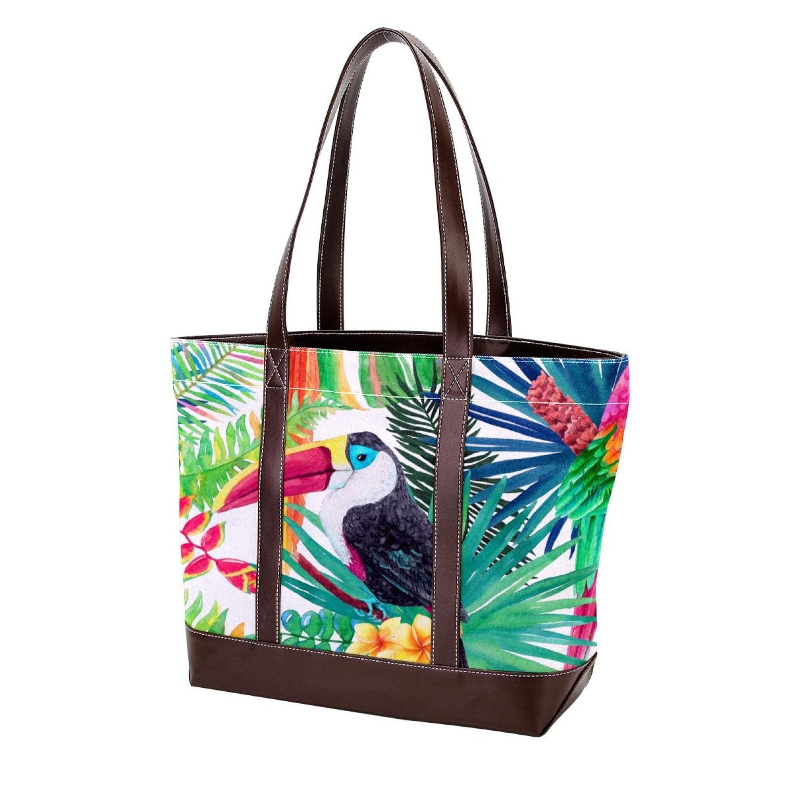 Stylish Women's Tote Bag - Waterproof Beach Bag with Zipper, Spacious Laptop Shoulder Purse - Jungle Palm Leaves & Macaw Print Design - Perfect for Travel, Work, and Shopping