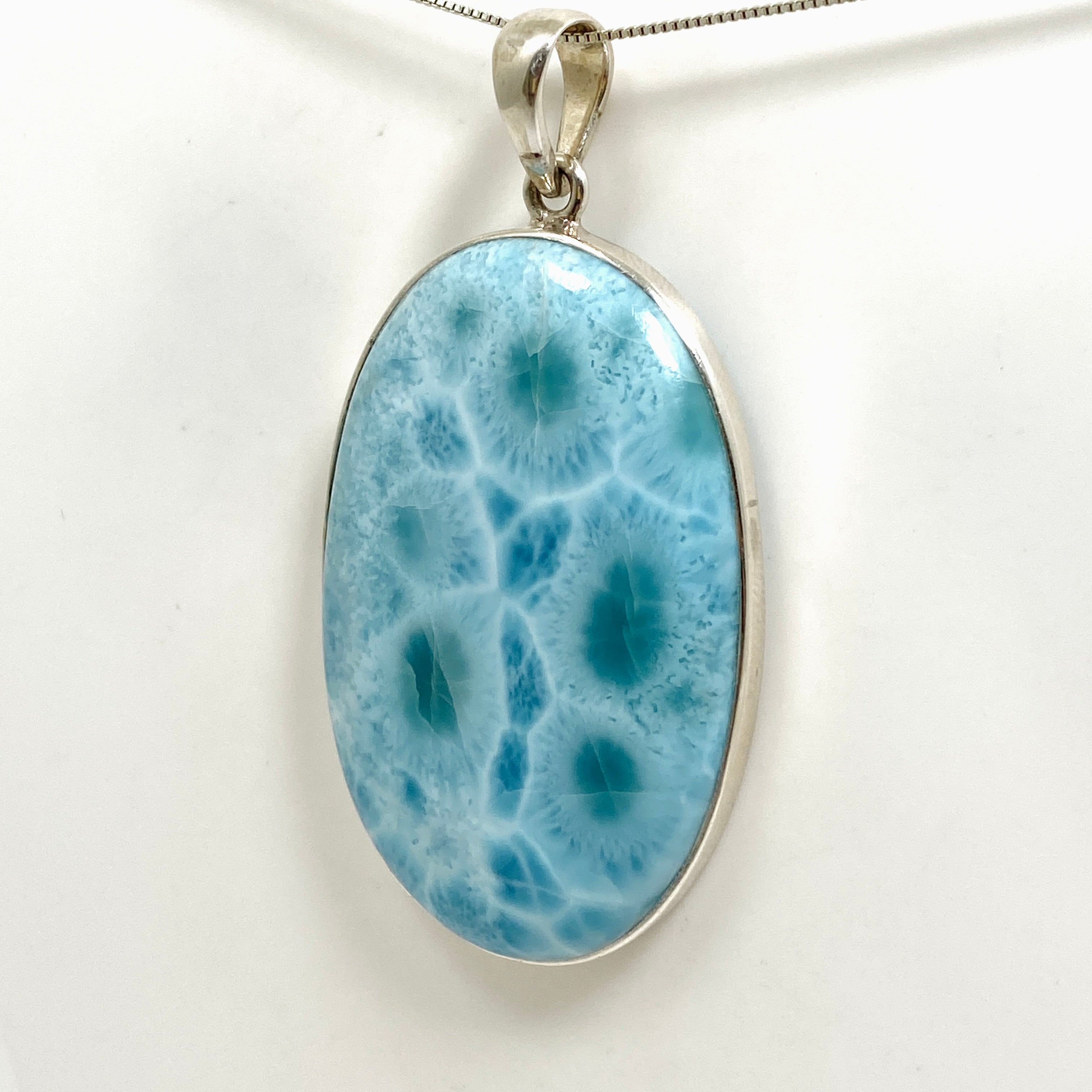 Natural Larimar Oval Cabochon Pendant Necklace - Genuine Blue Stone Jewelry for Women - Perfect for Beach Vacations & Boho Fashion