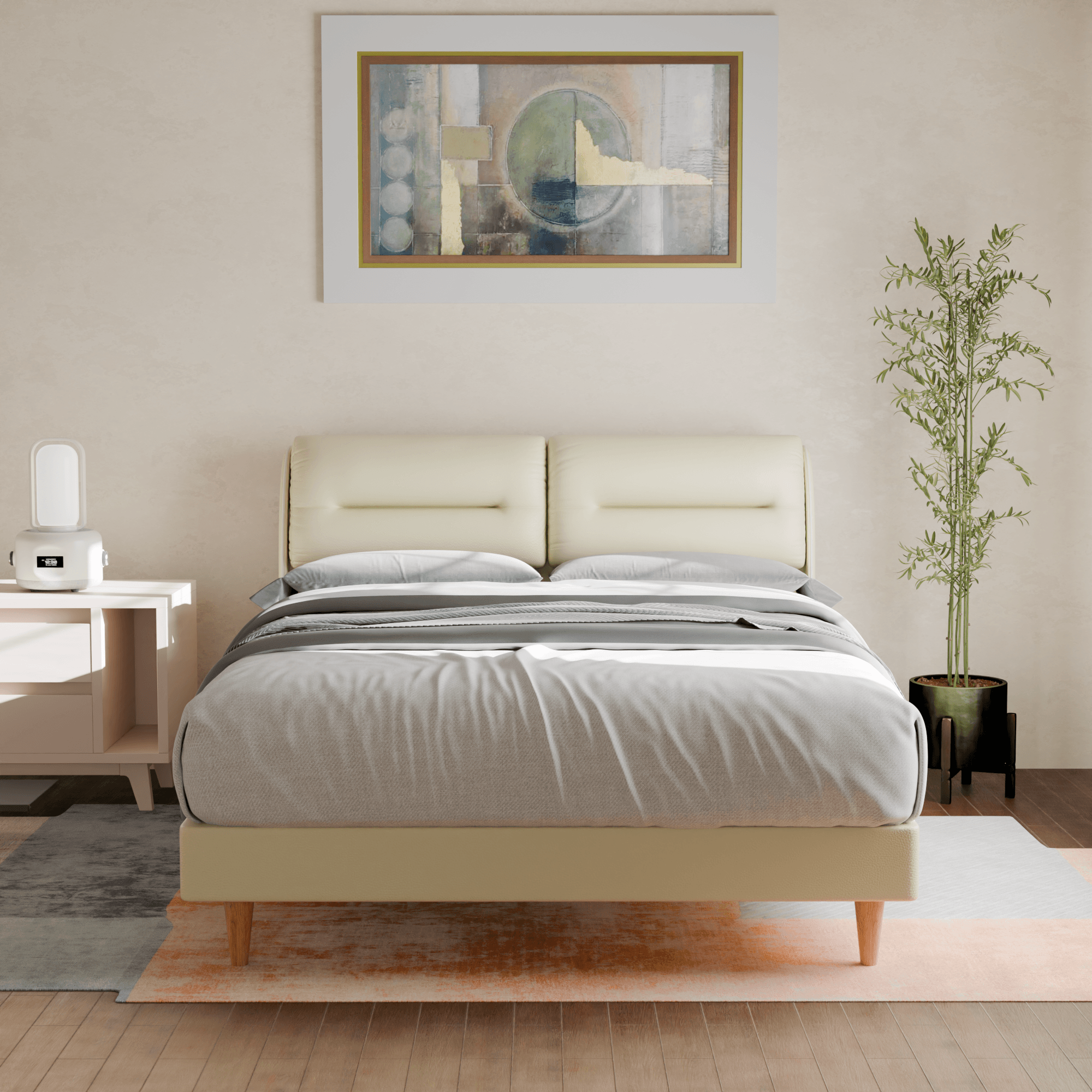 Hanubee Queen Size Faux Leather Upholstered Platform Bed Frame with Wooden Slats - Modern Bedroom Furniture for Home Decor & Small Spaces