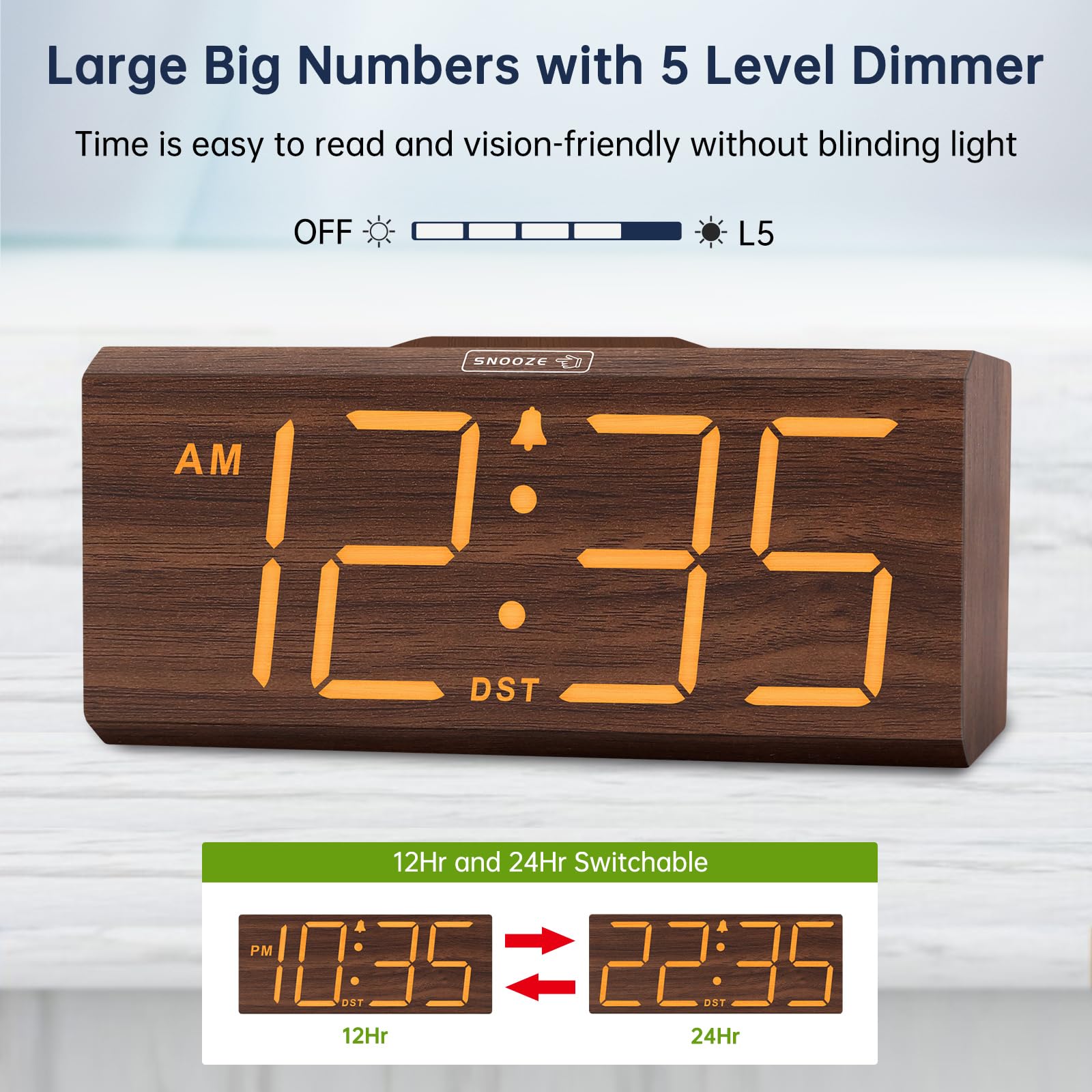 DreamSky Wooden Digital Alarm Clock with Wireless Charging - USB Charger Station, Large Display, Adjustable Volume & Brightness for Bedroom Nightstand | Perfect for Home, Office, Travel & Gift Giving