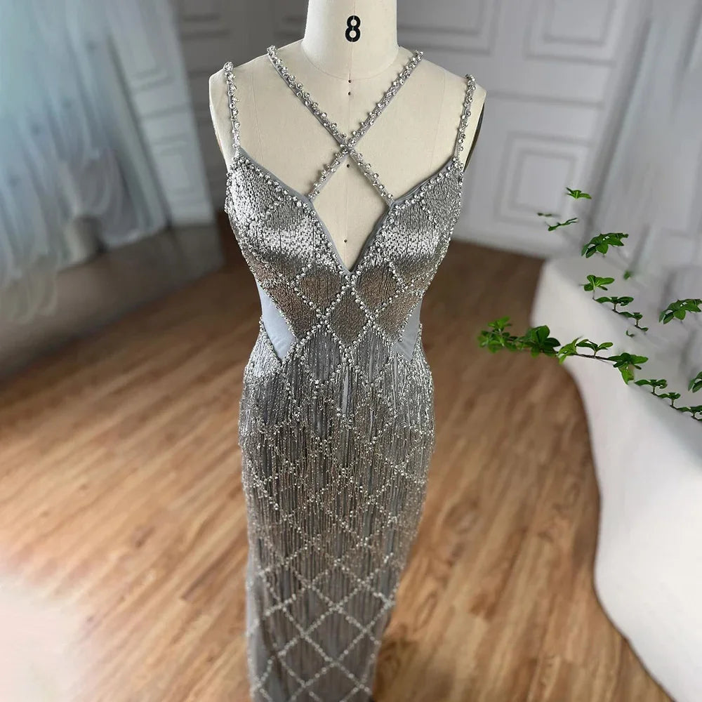 Luxury Beaded Mermaid Evening Gowns for Women - Dubai Silver & Gold Tassel Spaghetti Strap Party Dresses | Elegant Formal Wear for Weddings, Galas & Special Occasions 2025 LA72280