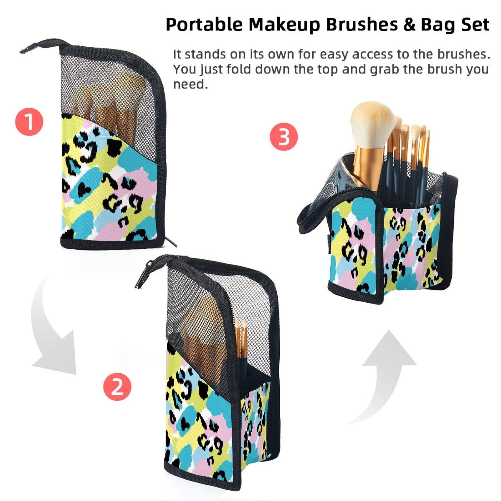 12-Piece Makeup Brush Organizer Bag with Leopard Retro Vintage Pattern - Portable Cosmetic Brush Holder Case for Travel, Home & Professional Makeup Artists