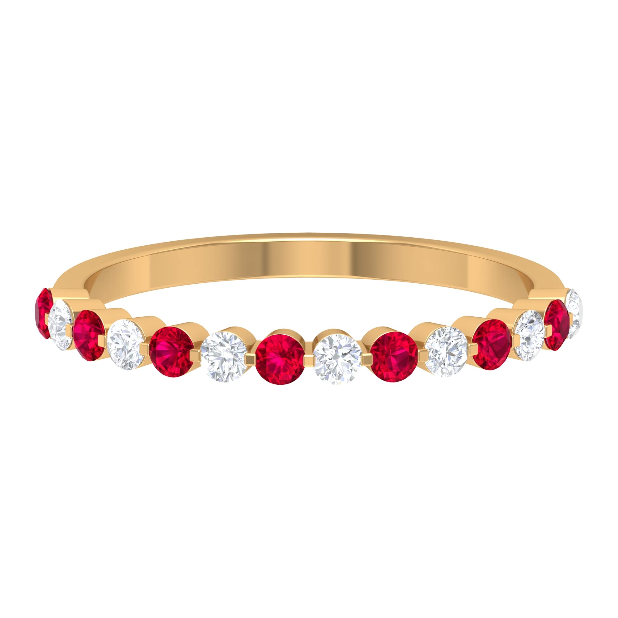 0.75 CT Red Ruby and Diamond Ring for Women - 14K Solid Gold Half Eternity Band with Alternating Gemstones | Elegant Wedding, Anniversary, or Valentine's Day Gift