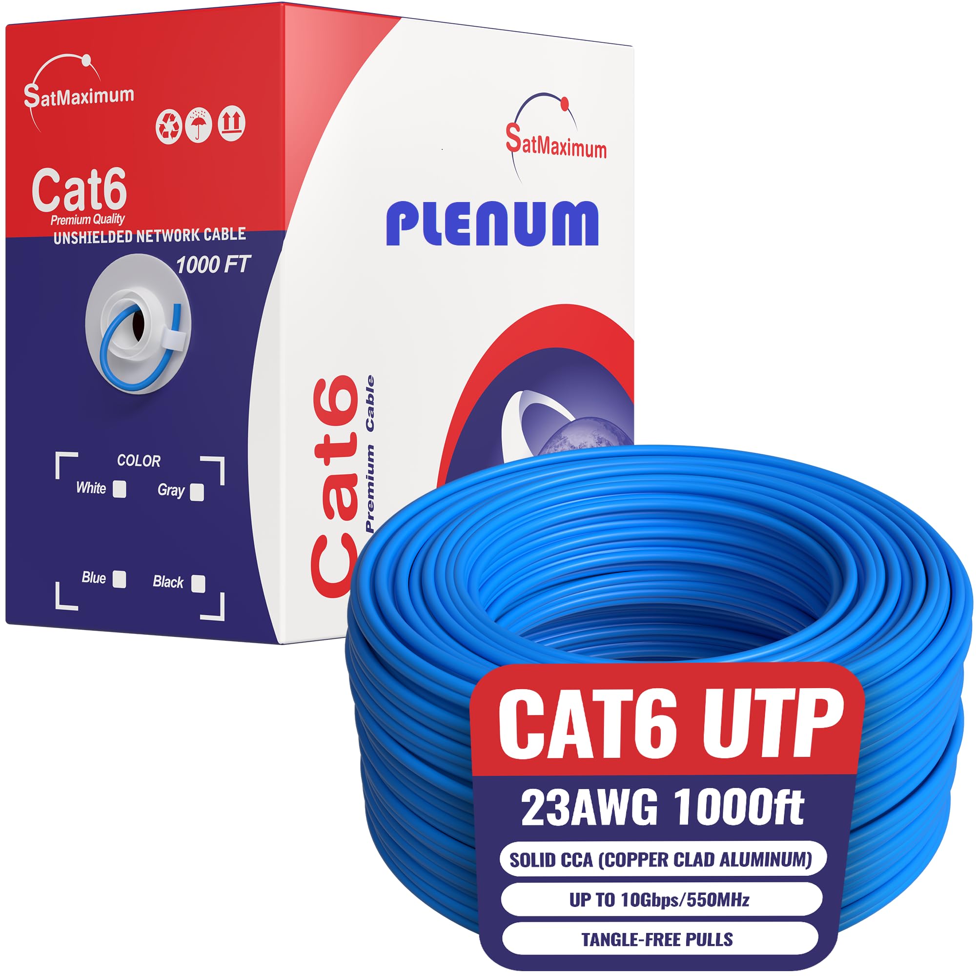 1000ft CMP CAT6 Ethernet Cable - Plenum Rated, 550Mhz, 23AWG Solid UTP Network Cable with RJ45 Connectors | Bulk Blue LAN Wire for Office Networking, Data Centers & Home Internet Setup (CCA Copper Clad Aluminum)