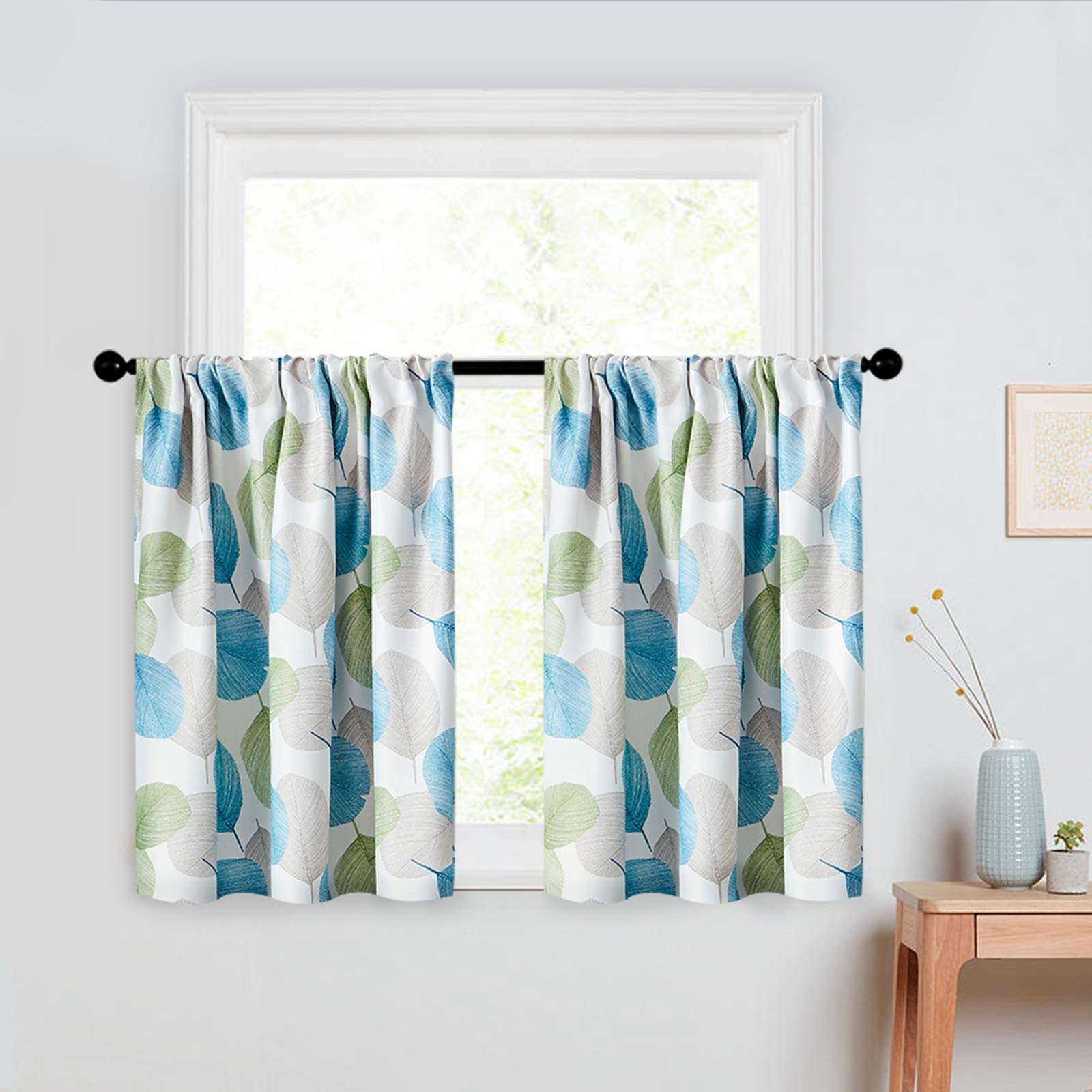 MRTREES Blackout Tier Curtains for Kitchen & Bathroom - 34x24 Inch Short Cafe Curtains with Leaves Print, Triple Weave Window Panels, Rod Pocket Design - Perfect for Basement, Bedroom & Small Windows (2 Panels, Green) - Ideal for Privacy, Light Control & Home Decor