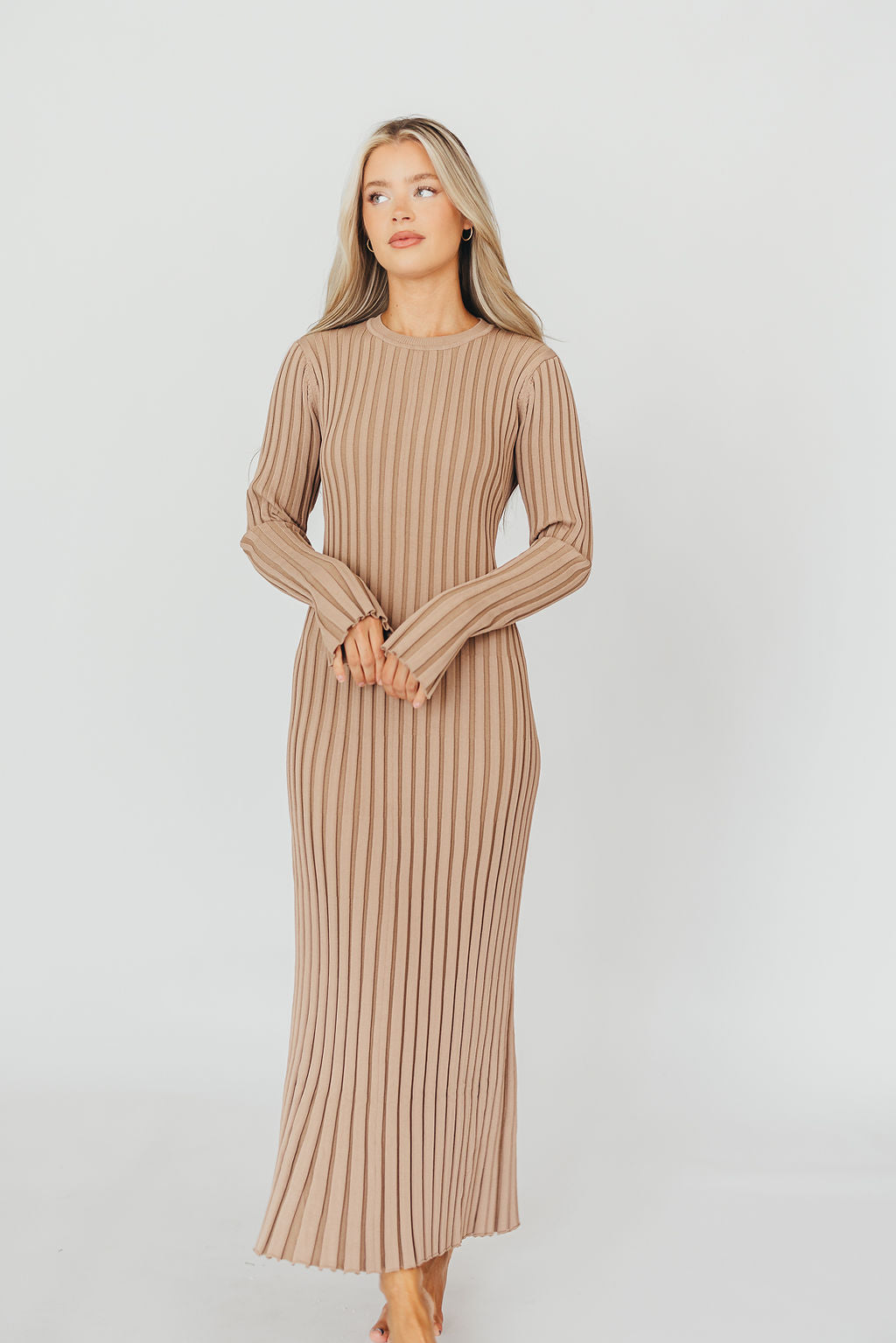Colette Premium Long Sleeved Ribbed Knit Maxi Dress in Dark Natural - Bump Friendly Maternity Dress for Pregnancy, Nursing & Postpartum | Elegant & Comfortable for Work, Date Night & Special Occasions