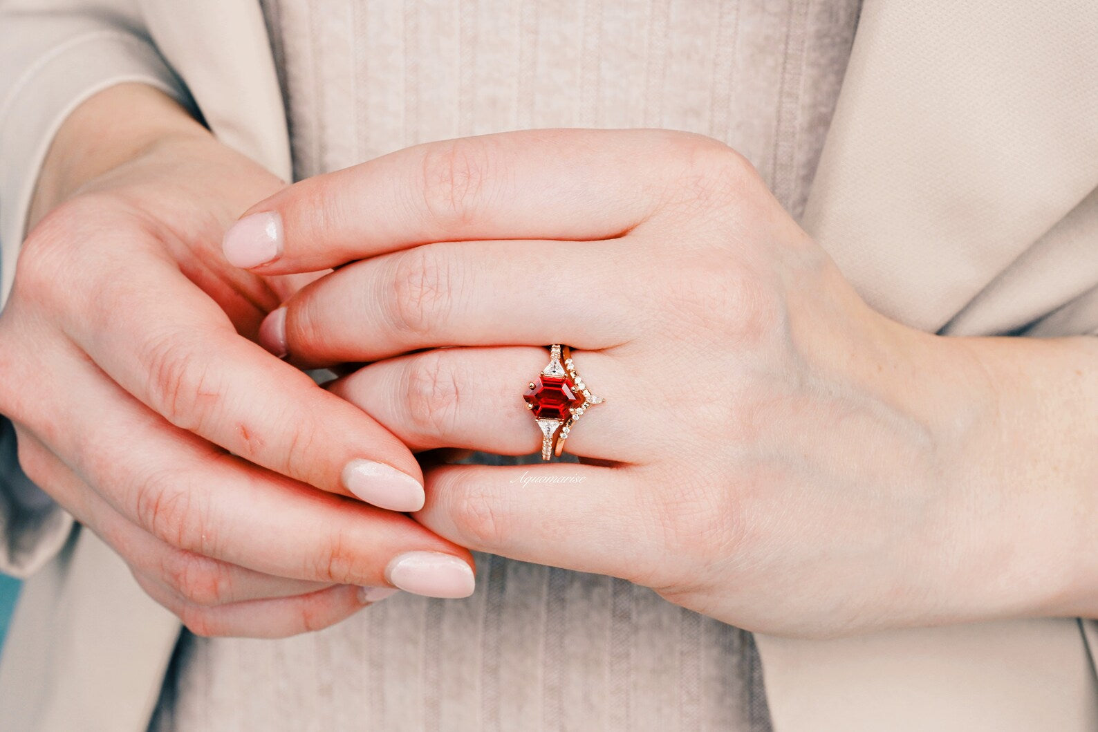 Hexagon Ruby Ring Set for Women - 14K Rose Gold Vermeil Gemstone Engagement & Promise Ring | Elegant Dainty Jewelry for Weddings, Anniversaries & Special Occasions