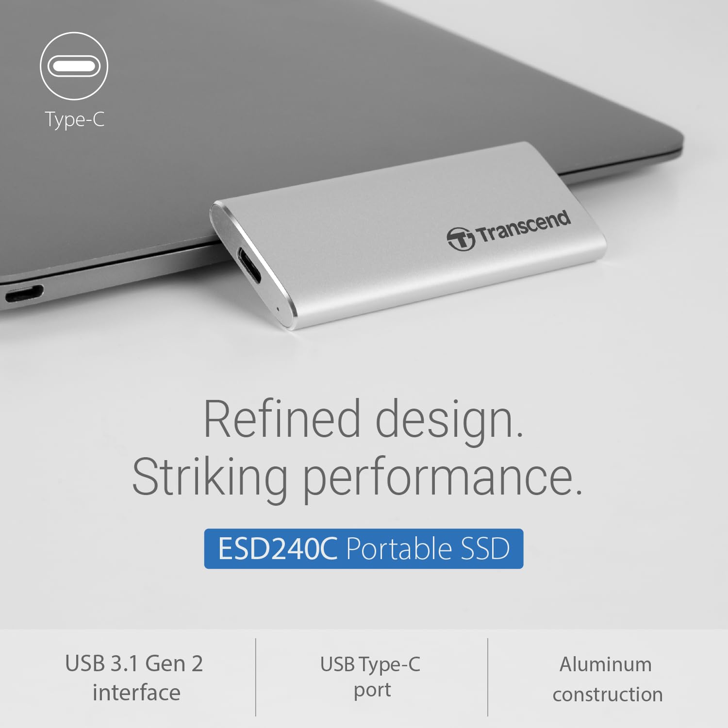 Transcend 240GB USB 3.1 Gen 2 Portable SSD - High-Speed Type-C External Solid State Drive with Shock Resistance - Perfect for Gaming, 4K Video Editing & Data Backup