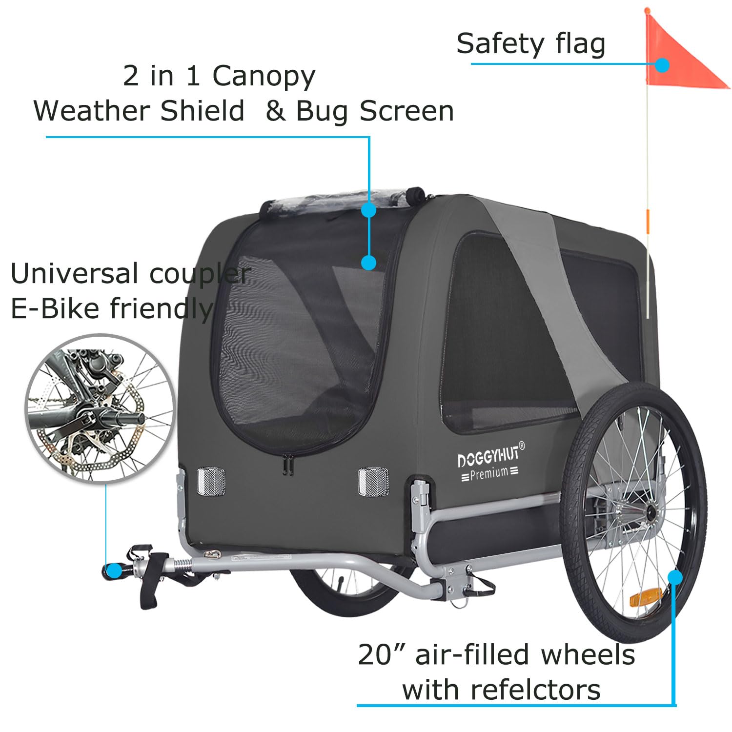 DOGGYHUT® Premium Large Dog Bike Trailer for Medium to Large Dogs - Heavy Duty 78 lbs Capacity Pet Bicycle Carrier with Low Center Gravity & Easy Fold Frame - Perfect for Cycling Adventures, Park Trips and Outdoor Exercise with Your Dog