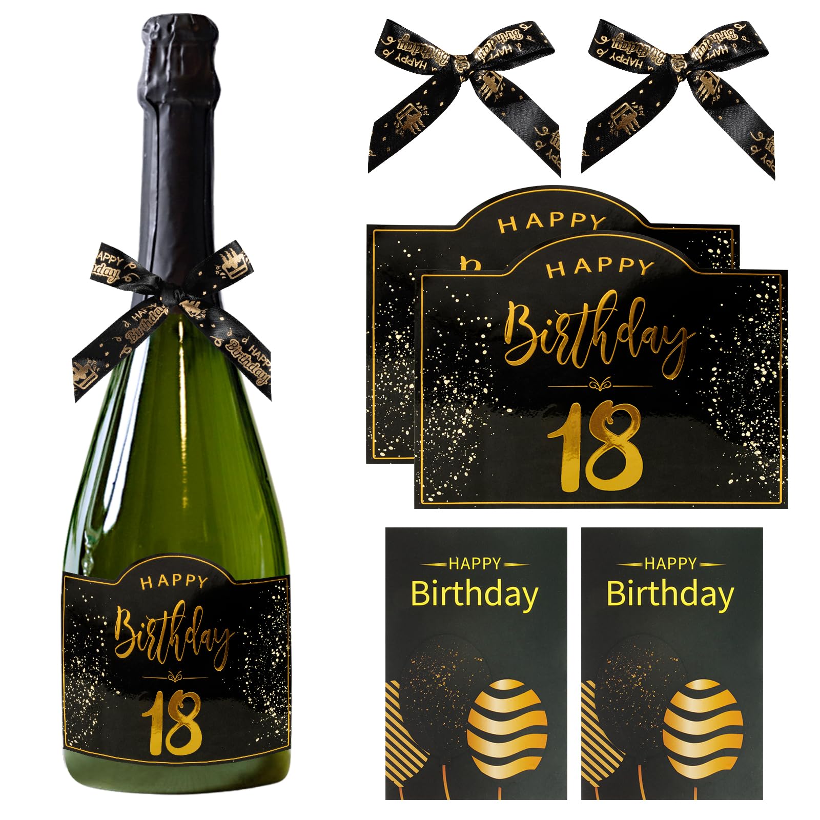 BOFUNX 18th Birthday Wine Bottle Labels - Adhesive Personalized Wine Labels with Birthday Card & Bow - Perfect for 18th Birthday Party Decorations & Gifts