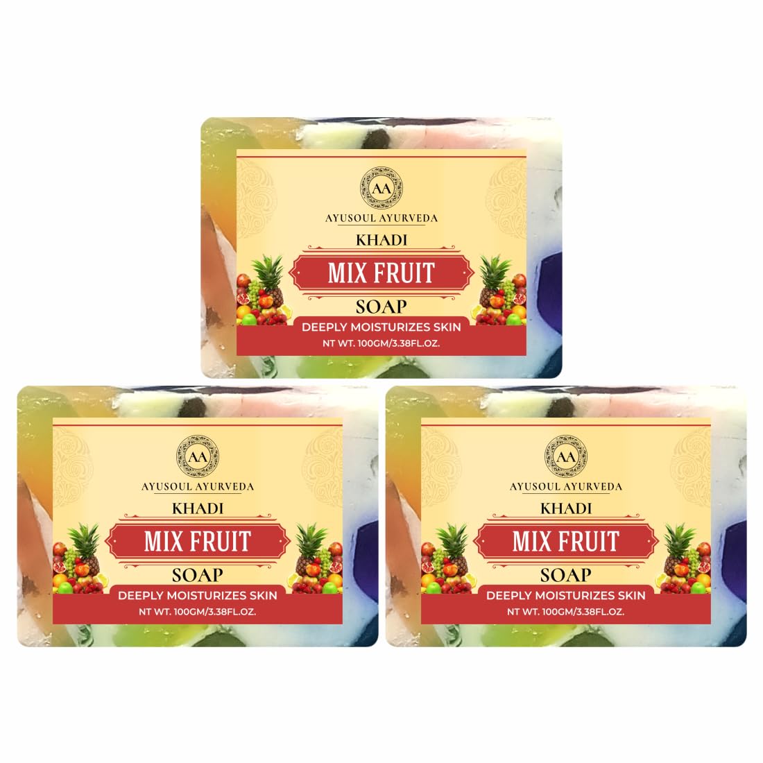 Ayusoul Ayurveda Khadi Herbal Natural Mix Fruit Bath Soap - 3 Pack for Soothing & Glowing Skin | Organic, Chemical-Free Skincare for Daily Use & Spa Relaxation