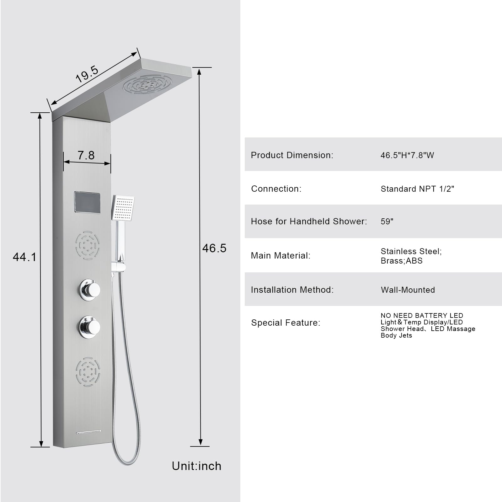 POPFLY LED Shower Panel Tower System with Rainfall Shower Head, 2 Body Jets, Tub Spout & Temperature Display - Brushed Nickel Finish - No Battery Needed - Perfect for Modern Bathroom Renovation and Spa-Like Shower Experience