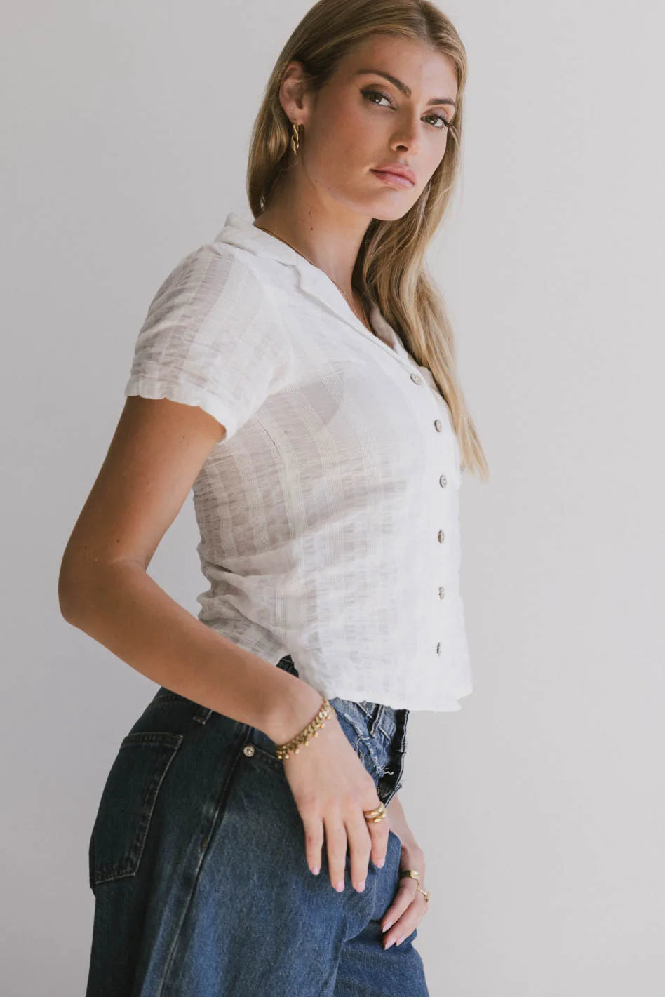 Berenice Women's Textured Button Up Shirt in White - Casual & Office Blouse for Work, Date, and Everyday Wear - FINAL SALE