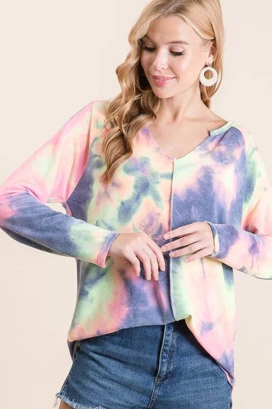 Bibi Tie Dye Terry Crop Top with Contrast Stitching - Women's Fashion Casual Short Sleeve Shirt for Summer, Beach, and Music Festivals