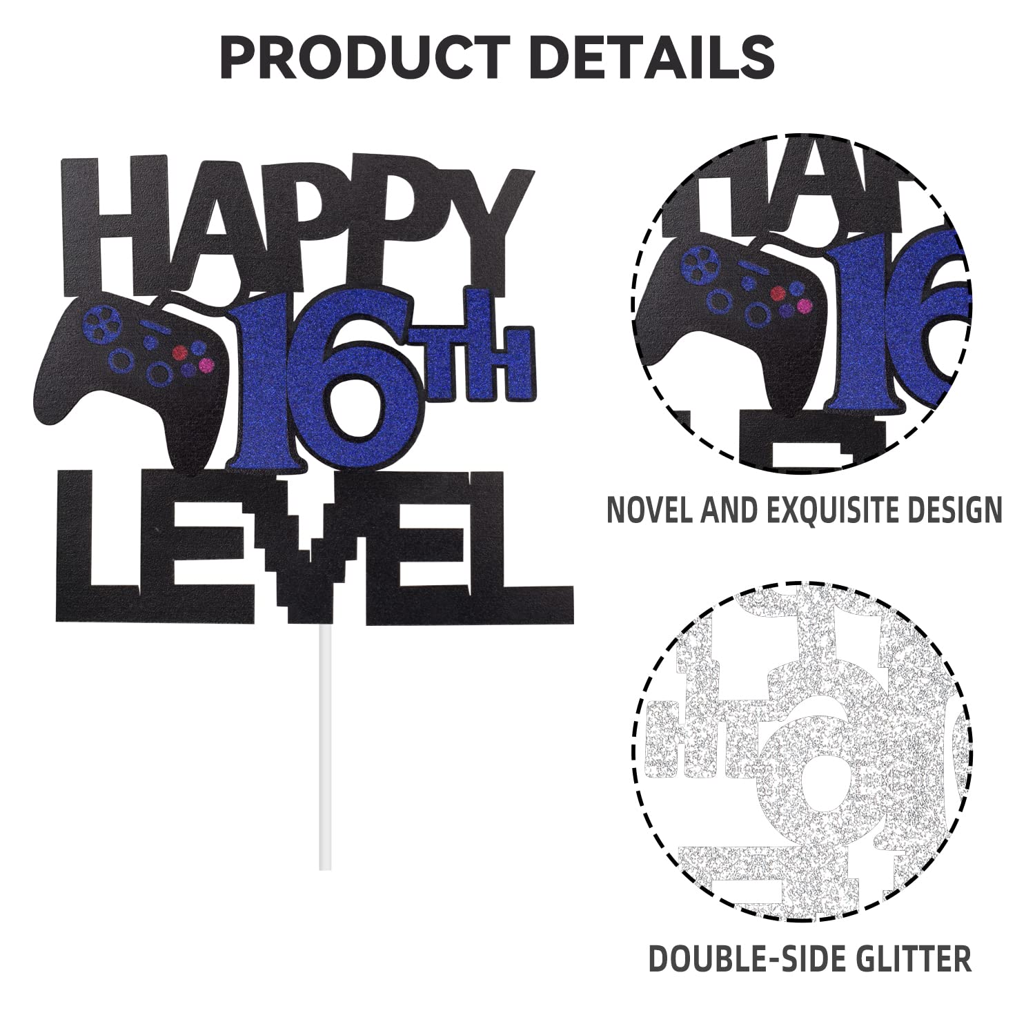 Happy 16th Birthday Video Game Cake Topper - Glitter Gamer Level 16 Unlocked Party Decoration - Perfect for Gaming Themed Birthday Cakes & Celebration Decor