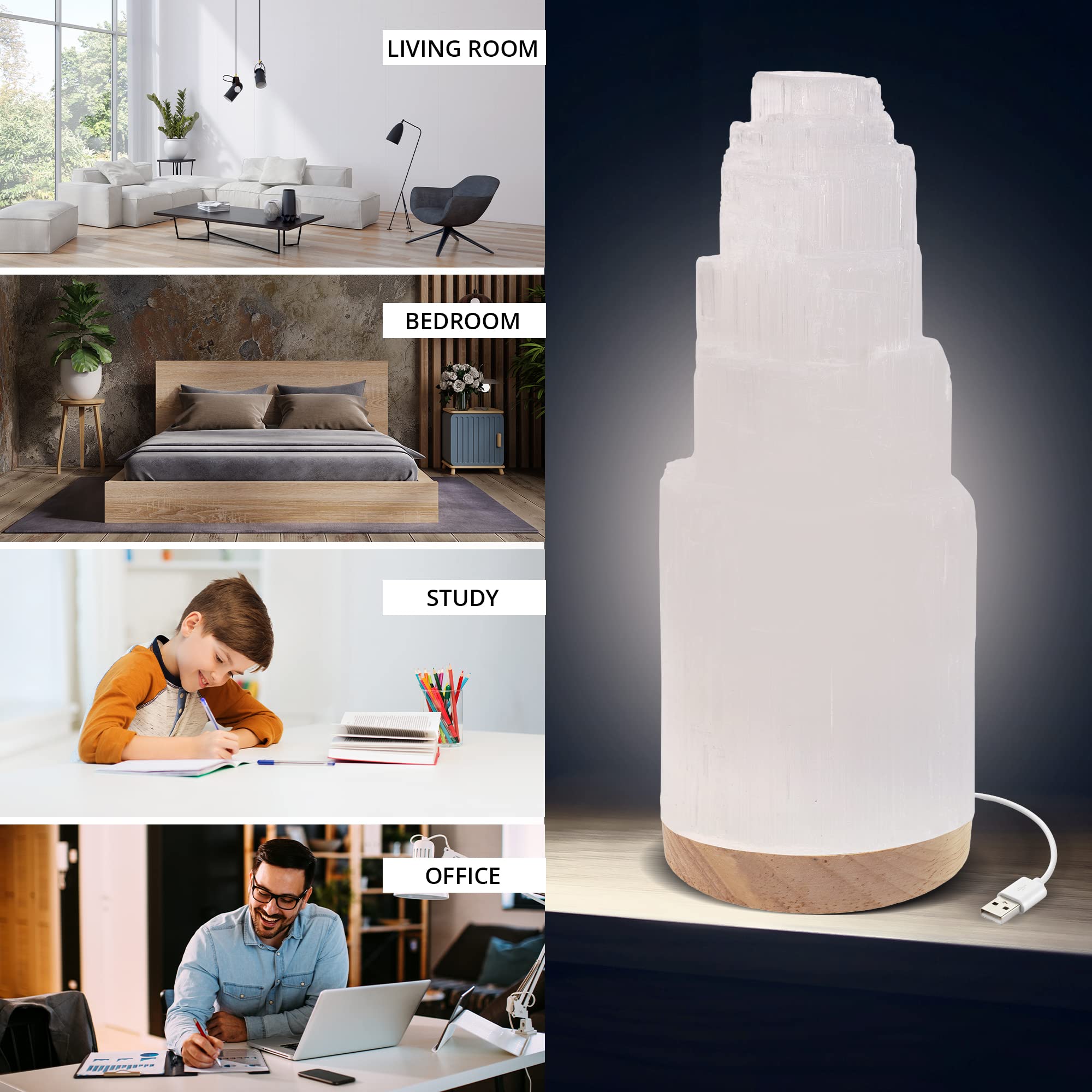 Handcrafted Moroccan Selenite Crystal Lamp 25cm - Natural Anxiety Relief, Healing & Meditation, Smudging & Energy Charging Station (ETL Certified) - Perfect for Yoga Studios, Bedrooms & Spiritual Spaces