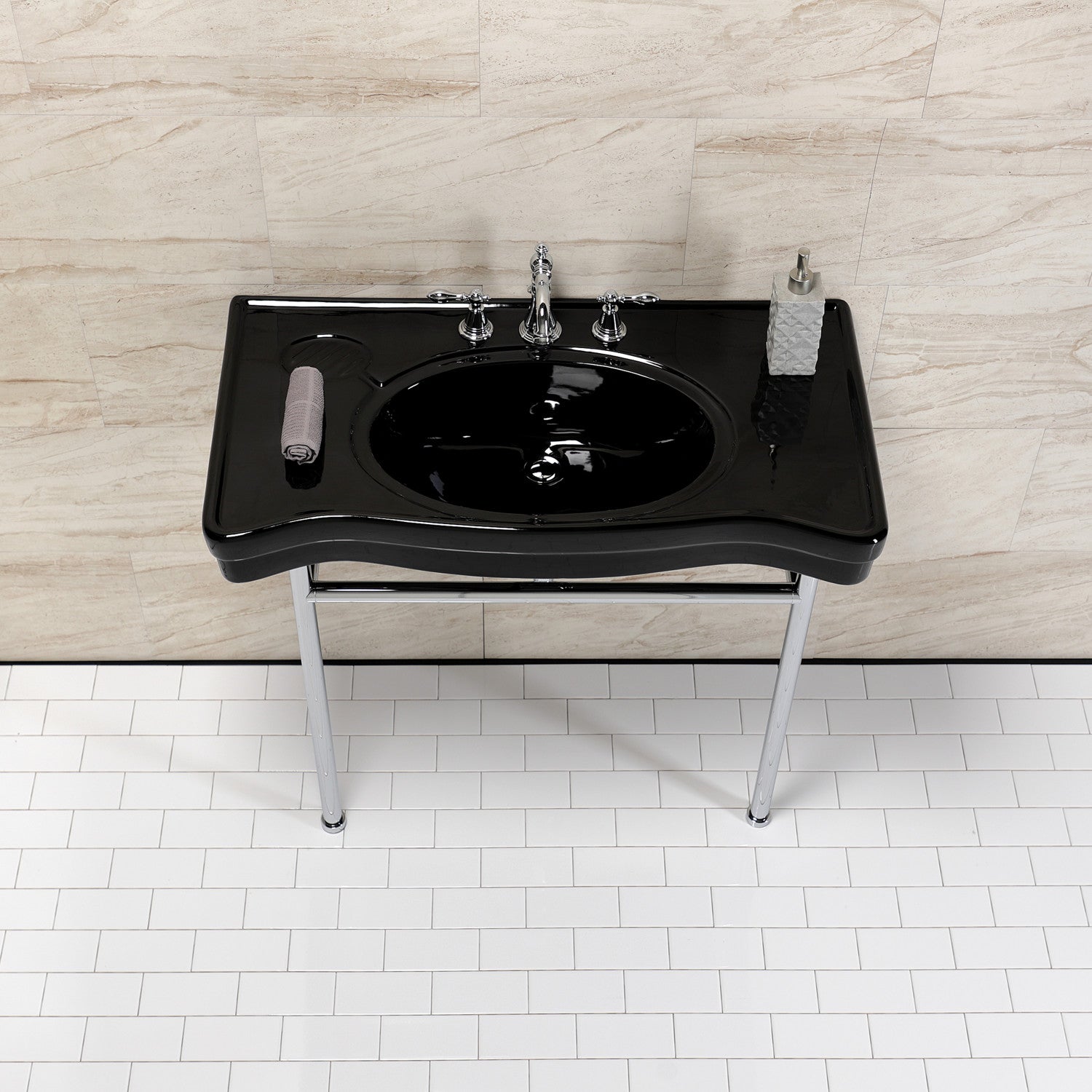 Bristol VPB28140W81K 36 Inch Black Ceramic Bathroom Sink with Polished Chrome Stainless Steel Legs - 8 Inch 3 Hole Faucet Mount Console Sink for Modern Bathroom Vanity, Powder Room, or Guest Bath Installation