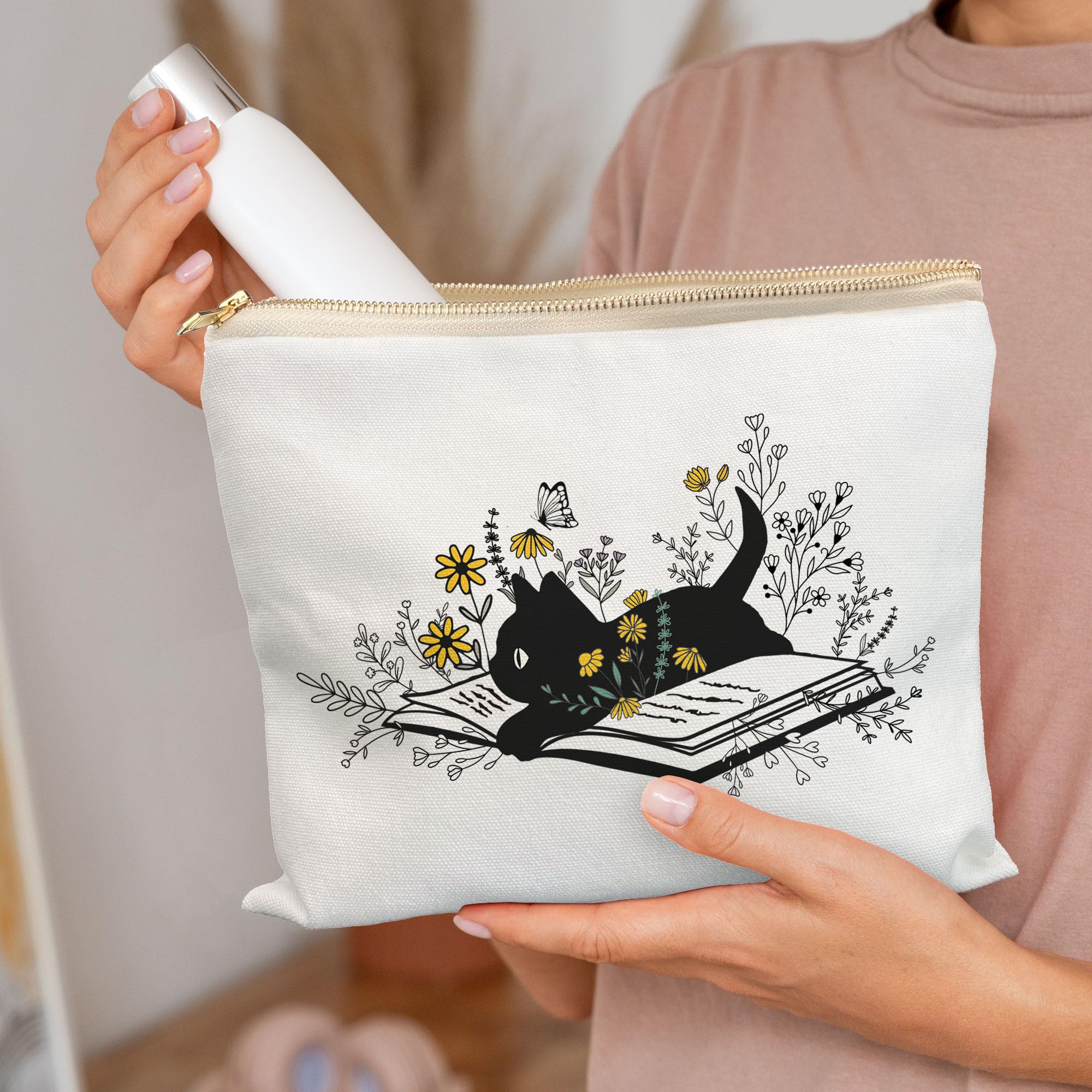 Black Cat Flowers Makeup Bag for Women - Cute Floral Cosmetic Pouch with Zipper, Perfect Gift for Cat Lovers & Book Lovers - Great for Travel, Daily Makeup Storage & Gift Giving