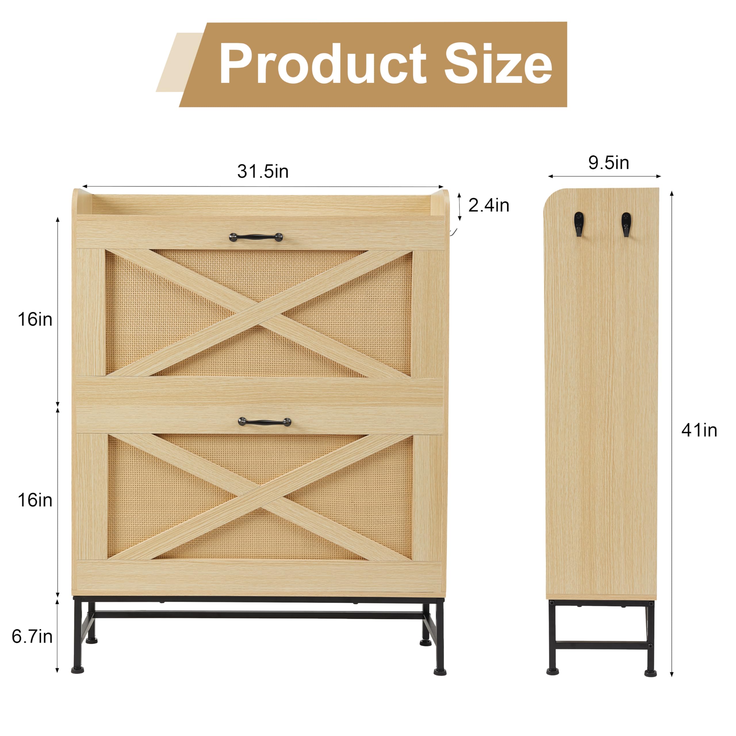 Slim Rattan Shoe Cabinet with 2 Flip Drawers - Narrow Entryway Shoe Organizer, Hidden Storage Cabinet with Metal Legs, Farmhouse Style Free Standing Shoe Rack - Perfect for Small Spaces, Apartments & Closet Organization (Natural Color)