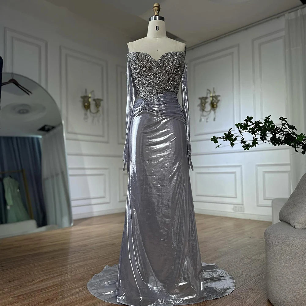 Elegant White Arabic Evening Gown with Crystal Beading - Luxury Dubai Formal Dress with Gloves for Weddings, Galas & Special Occasions LA72758