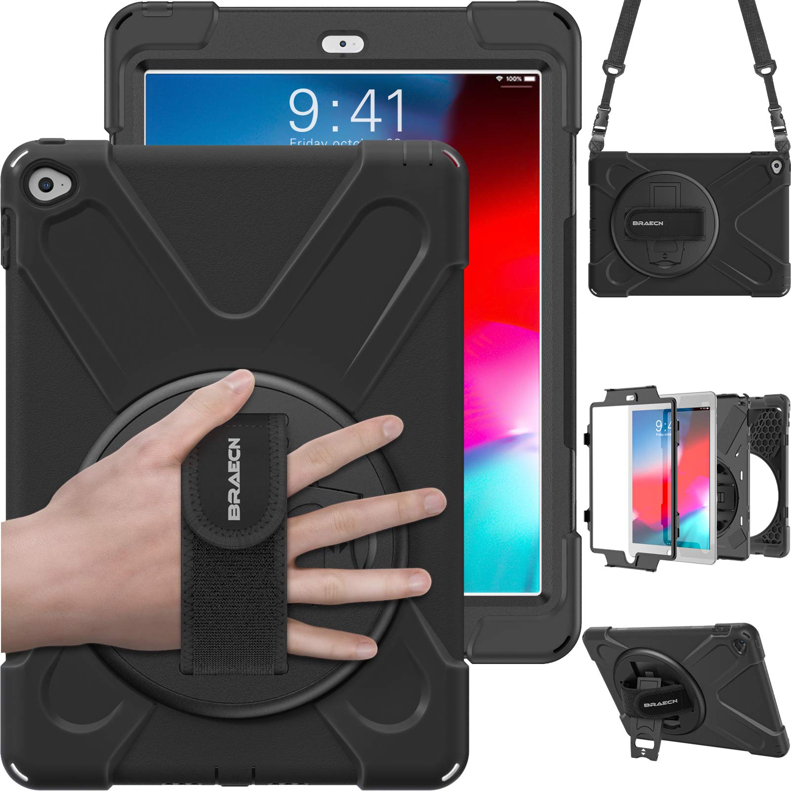 BRAECN Shockproof Rugged Case for iPad Air 2 (9.7 Inch, 2nd Generation 2014 Model A1566/A1567) - Hybrid Protective Cover with Kickstand & 360° Rotatable Hand Strap - Perfect for Kids, Travel, and Outdoor Use - Black