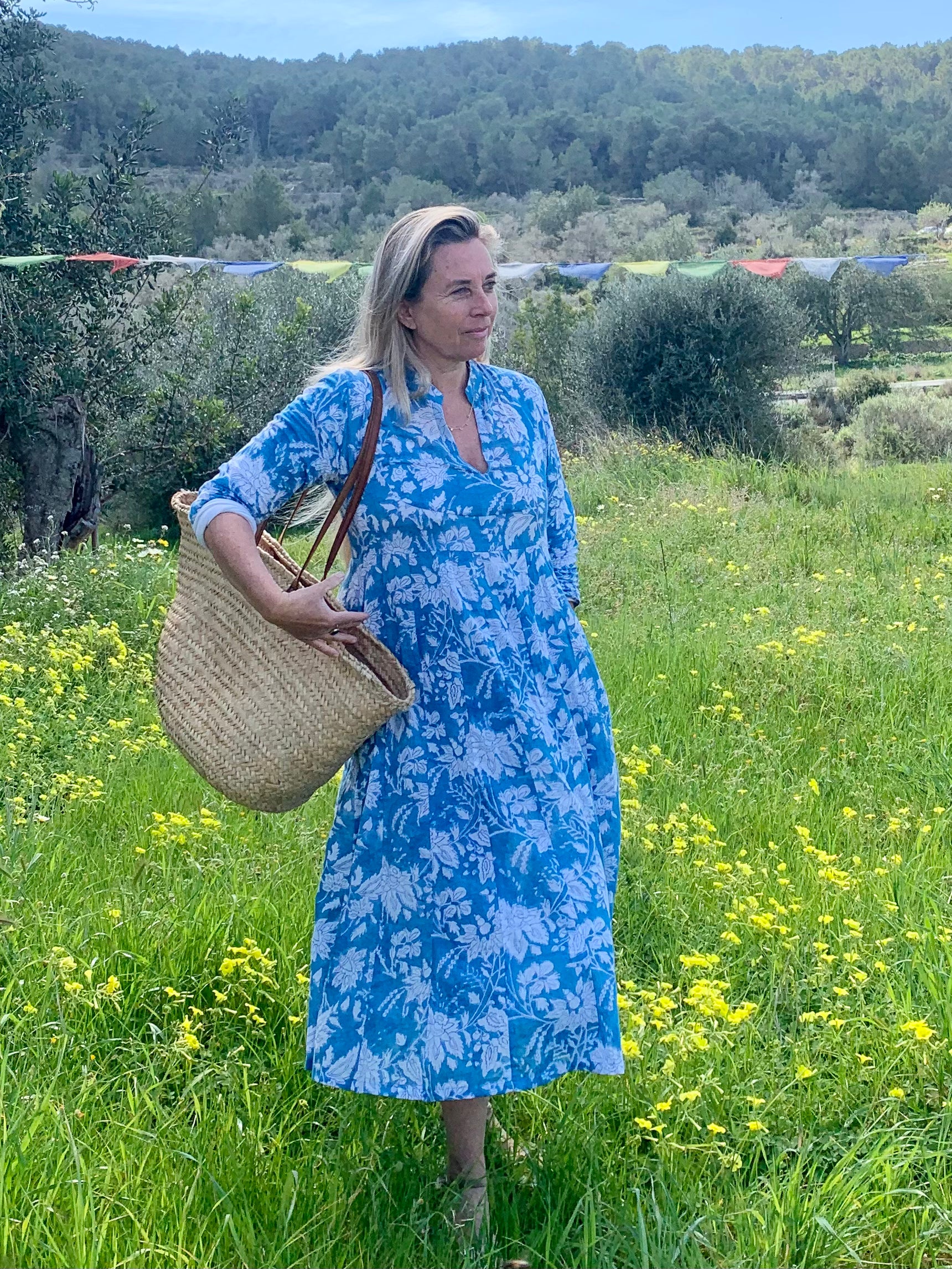 Anarkali Ibiza Blue Hand Block Print Boho Tunic Kaftan Dress - Perfect for Beach Vacations, Summer Parties & Boho Chic Outfits