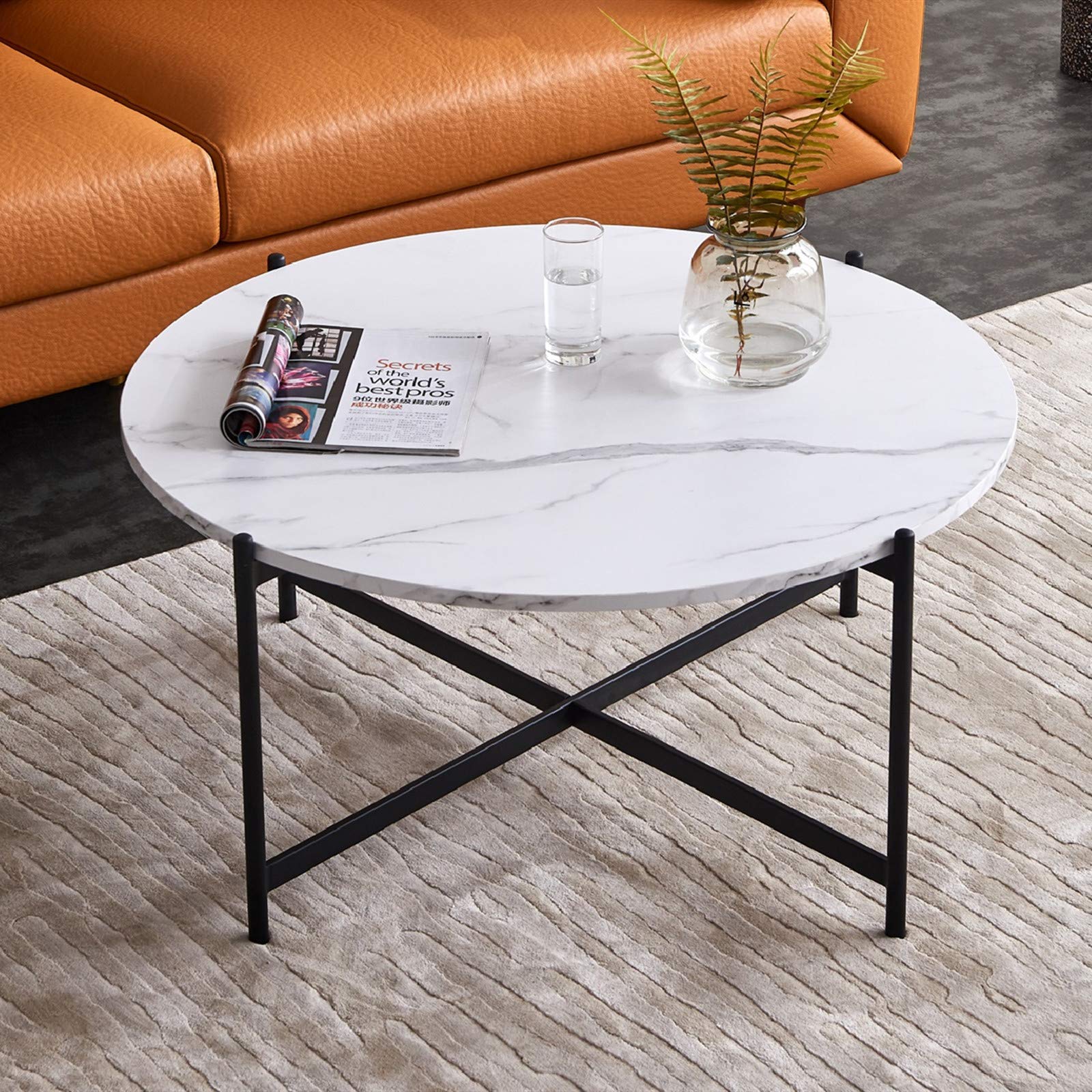 36 Inch Round Black Faux Marble Coffee Table - Modern Living Room Center Table for Home Decor | Perfect for Living Spaces, Offices & Lounge Areas