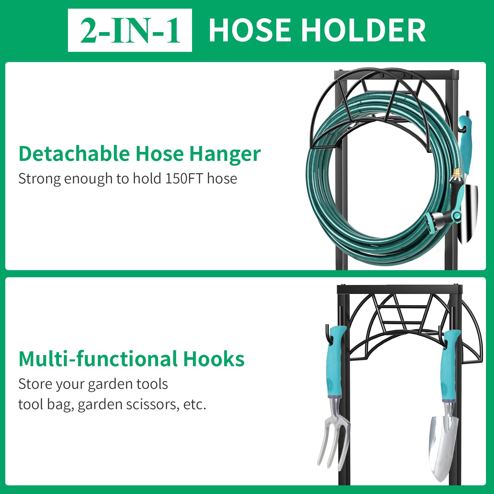 **TomCare 4-Spike Garden Hose Holder & Reel Stand - Heavy-Duty Hose Storage with Tool Hooks, Organizes Up to 150ft Hoses - Perfect for Yard, Lawn, and Outdoor Watering (Black)**    *(Ideal for garden maintenance, car washing, and outdoor water storage – keeps hoses tangle-free and tools within reach!)*