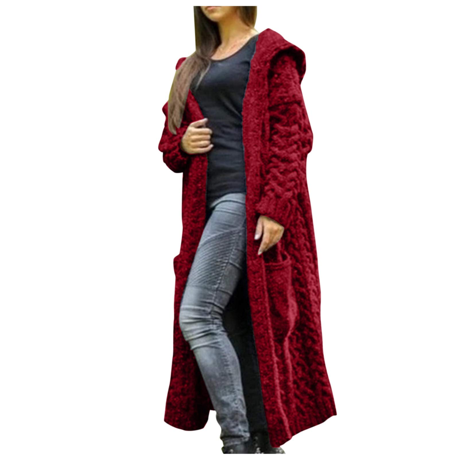 TIMIFIS Women's Plus Size Hooded Cardigan Sweater with Pockets - Long Knitted Jacket with Buttons, Warm Winter Coat for Casual Outfits, Office Wear & Outdoor Activities