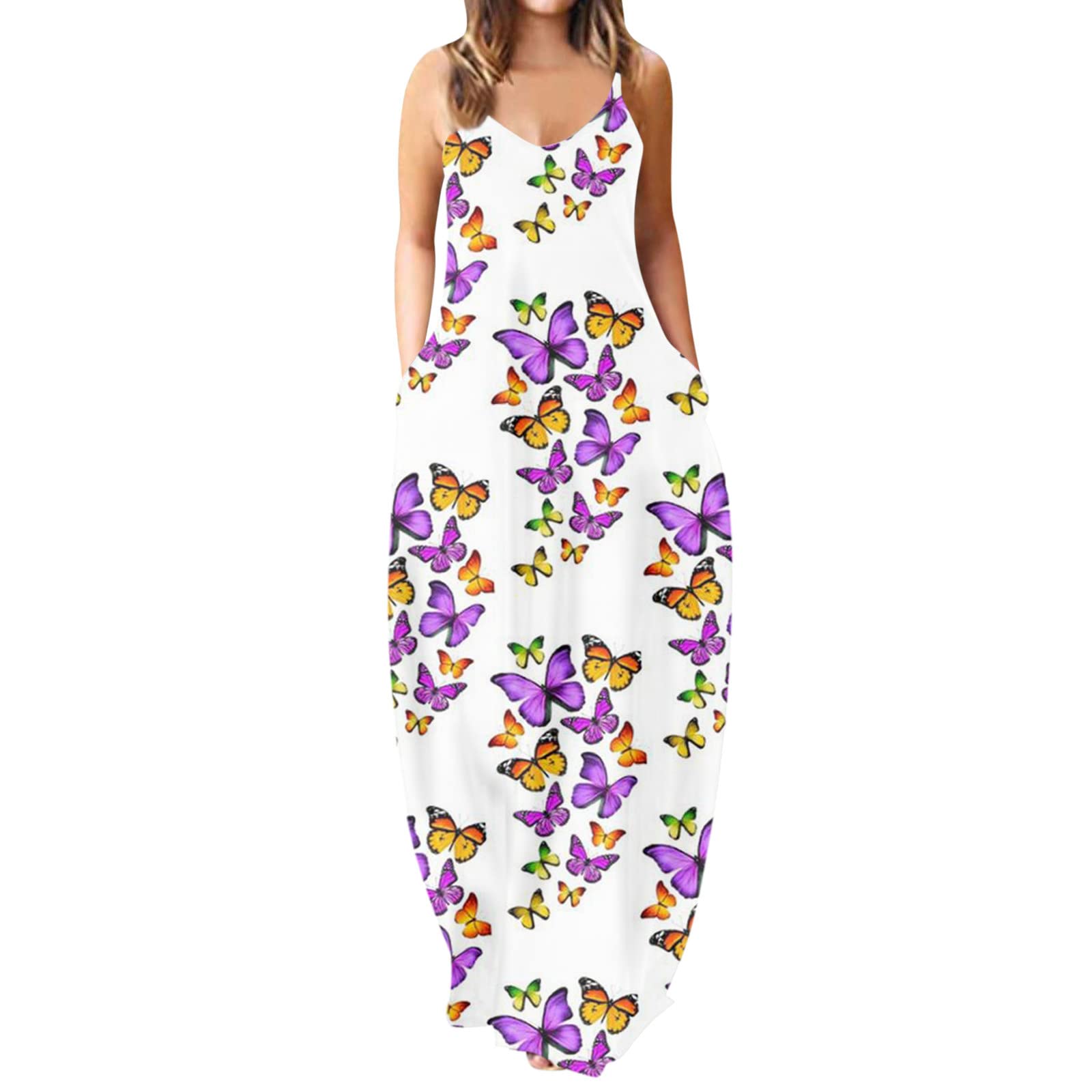 Women's Floral Print V-Neck Sleeveless Maxi Dress with Pockets - Summer Beach Sundress for Vacation, Date Night & Outdoor Parties