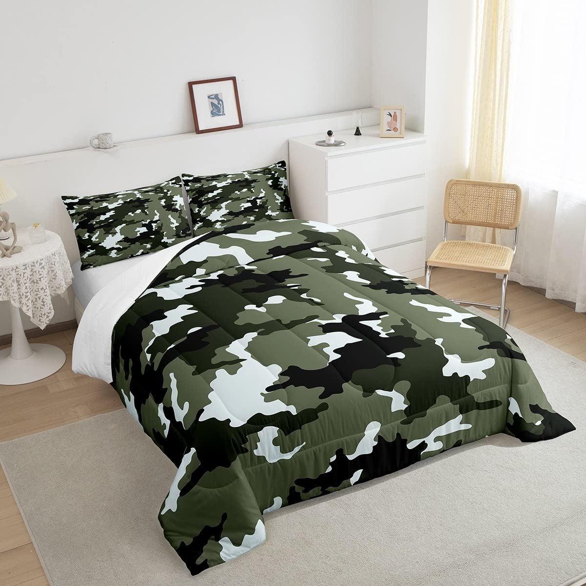 Feelyou Army Camouflage Comforter Set for Kids & Teens - Boys Military Bedding Set with 2 Pillowcases, Queen Size 3Pcs (Army Green) - Perfect for Boys' Room Decor, Camping Theme Bedrooms & Military Enthusiasts