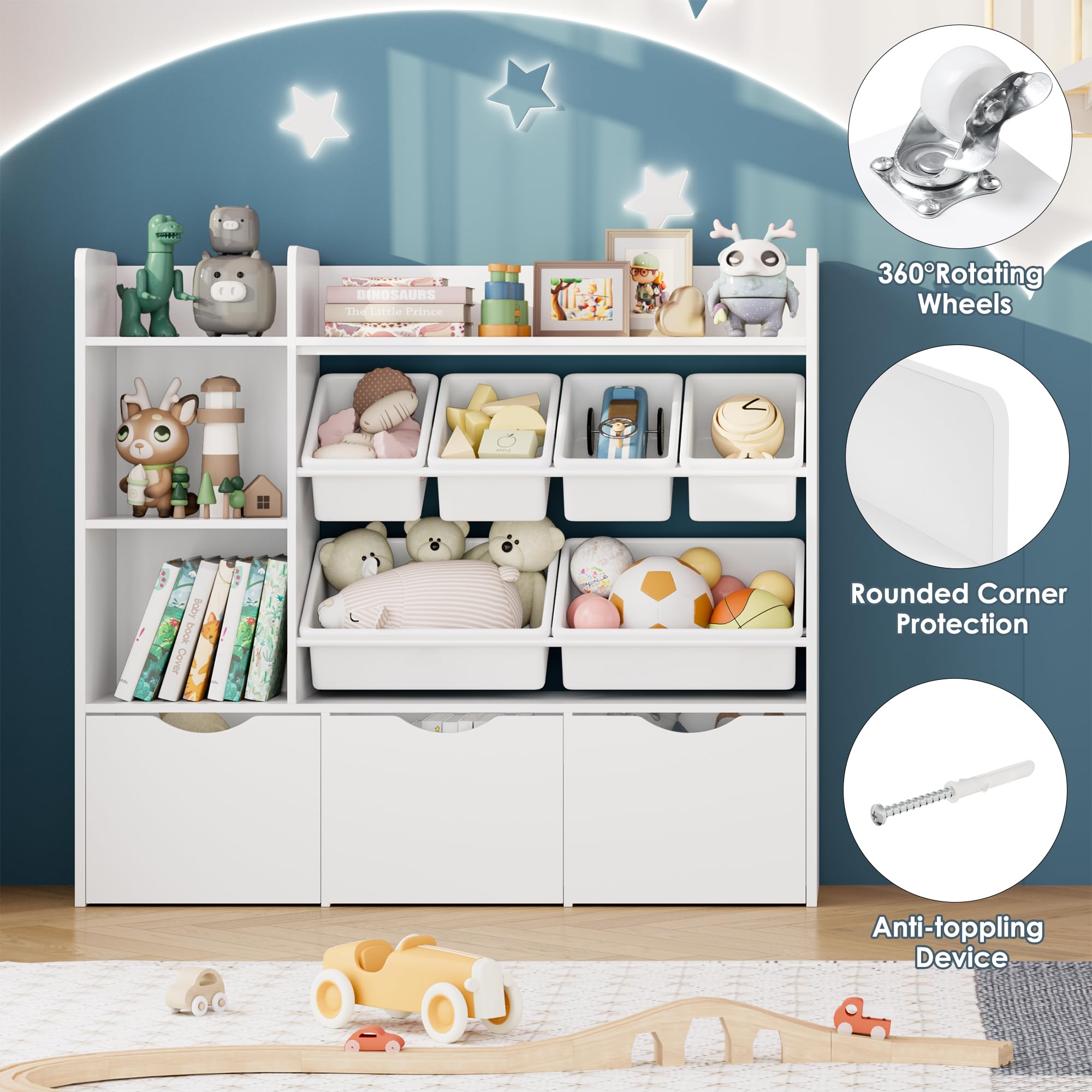 3-Tier Kids Toy Storage Organizer with 6 Plastic Bins & 2 Cubbies - Movable Drawers, Bookshelf & Hidden Wheels - White Toy Chest for Playroom, Classroom & Home Organization