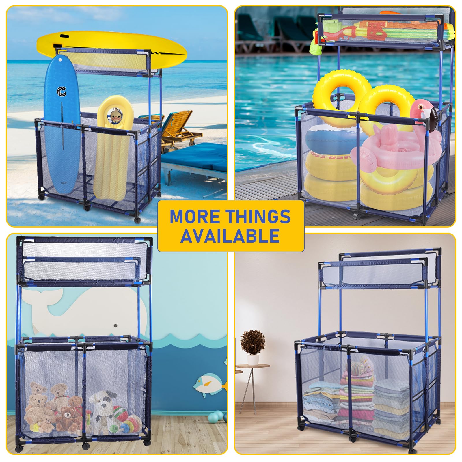 **Rolling Pool Storage Cart with Noodle Holder & Mesh Basket – Organizer for Goggles, Floats, Balls & Pool Toys – Perfect for Backyard, Poolside & Swim Gear Storage**