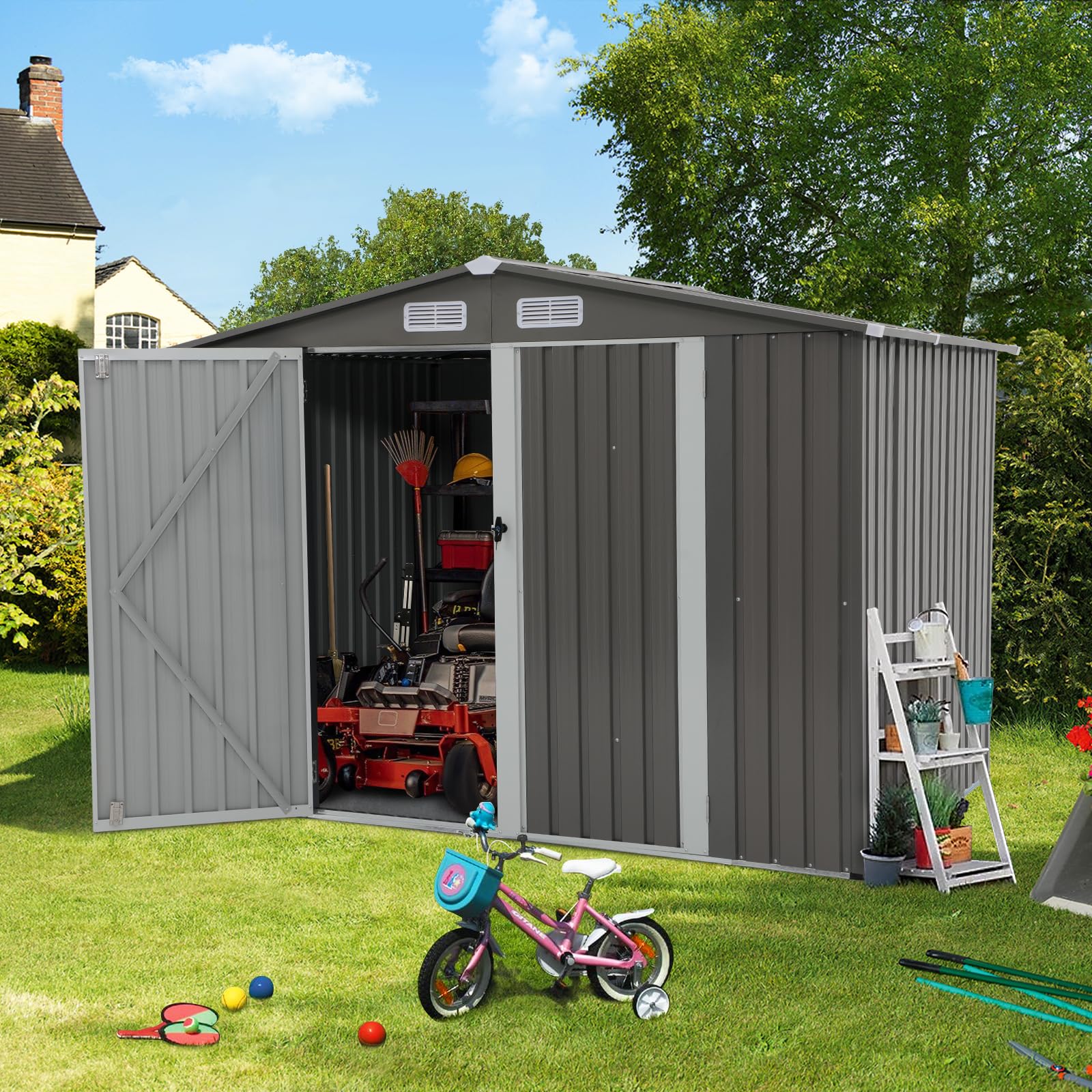 Verano Garden 8x6 FT Galvanized Steel Outdoor Storage Shed with Double Lockable Doors - Durable Metal Tool Shed for Backyard, Patio, Lawn & Garden Organization | Perfect for Storing Lawn Mowers, Gardening Tools & Outdoor Equipment