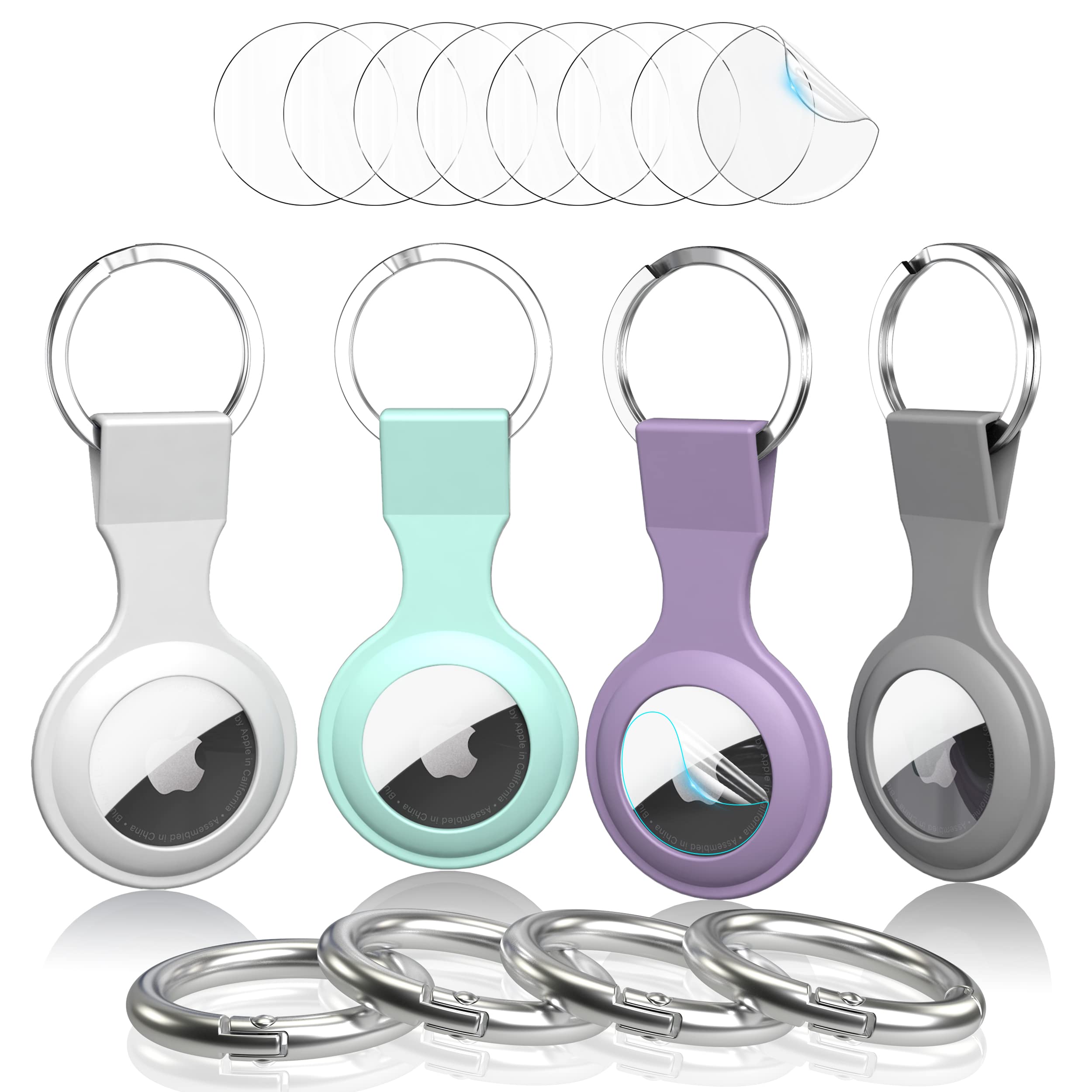 4 Pack Soft Silicone Case for Apple AirTag 2021 with 8Pcs Screen Protectors - Anti-Scratch Lightweight Skin Cover with Key Ring Holder - Perfect for Keychain, Luggage Tracking, Pet Collars & Item Finding Accessories
