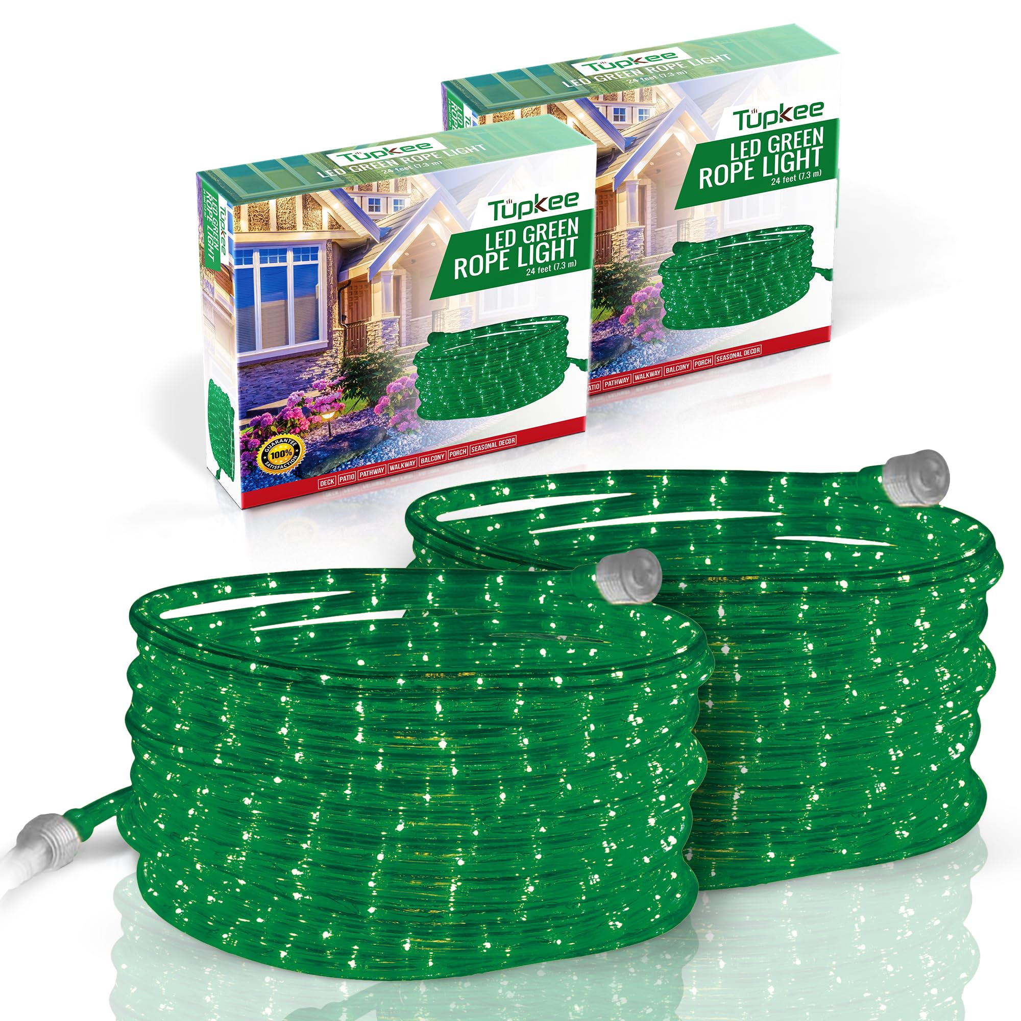 Tupkee 24ft Green LED Rope Lights - 10mm Diameter Waterproof Outdoor/Indoor Decorative Lighting with 144 Long-Life LEDs (2 Pack) - Perfect for Patio, Garden, Party & Holiday Decorations