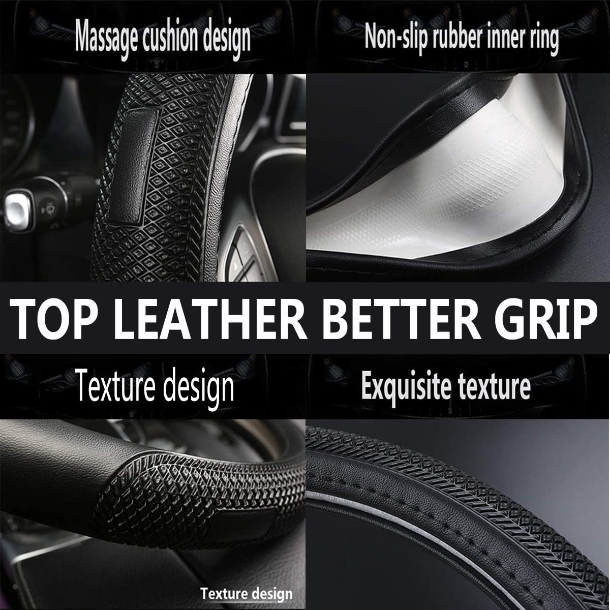 Universal 15 Inch Leather Steering Wheel Cover - Non-Slip Sport Grip for Enhanced Driving Control (Black) | Perfect for Cars, Trucks & SUVs - Improves Comfort & Safety During Long Drives