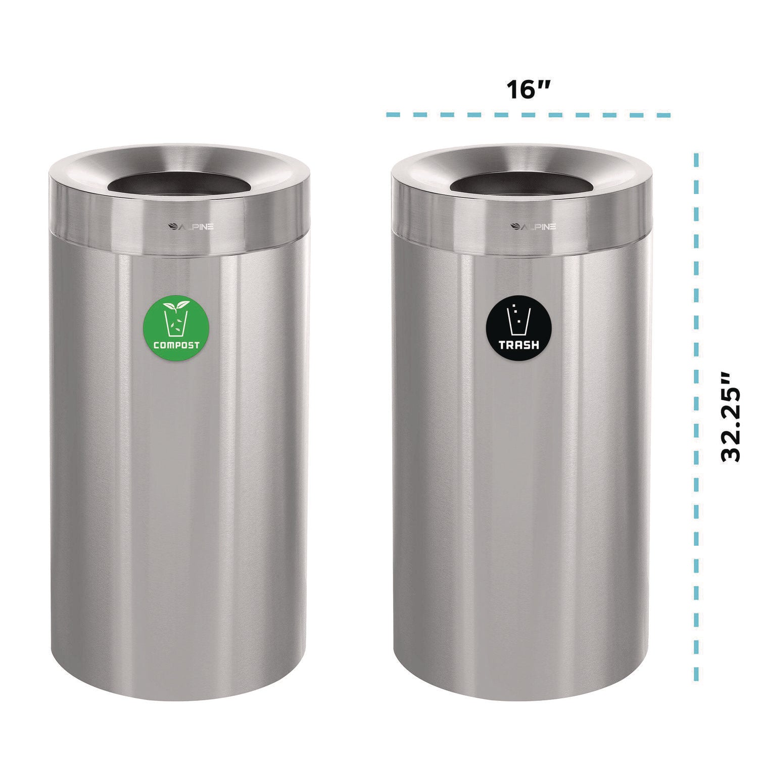 Alpine Industries 27 Gallon Stainless Steel Compost Bin & Trash Can with Lid - Brushed Metal Kitchen Waste Container for Organic Recycling & Indoor/Outdoor Use