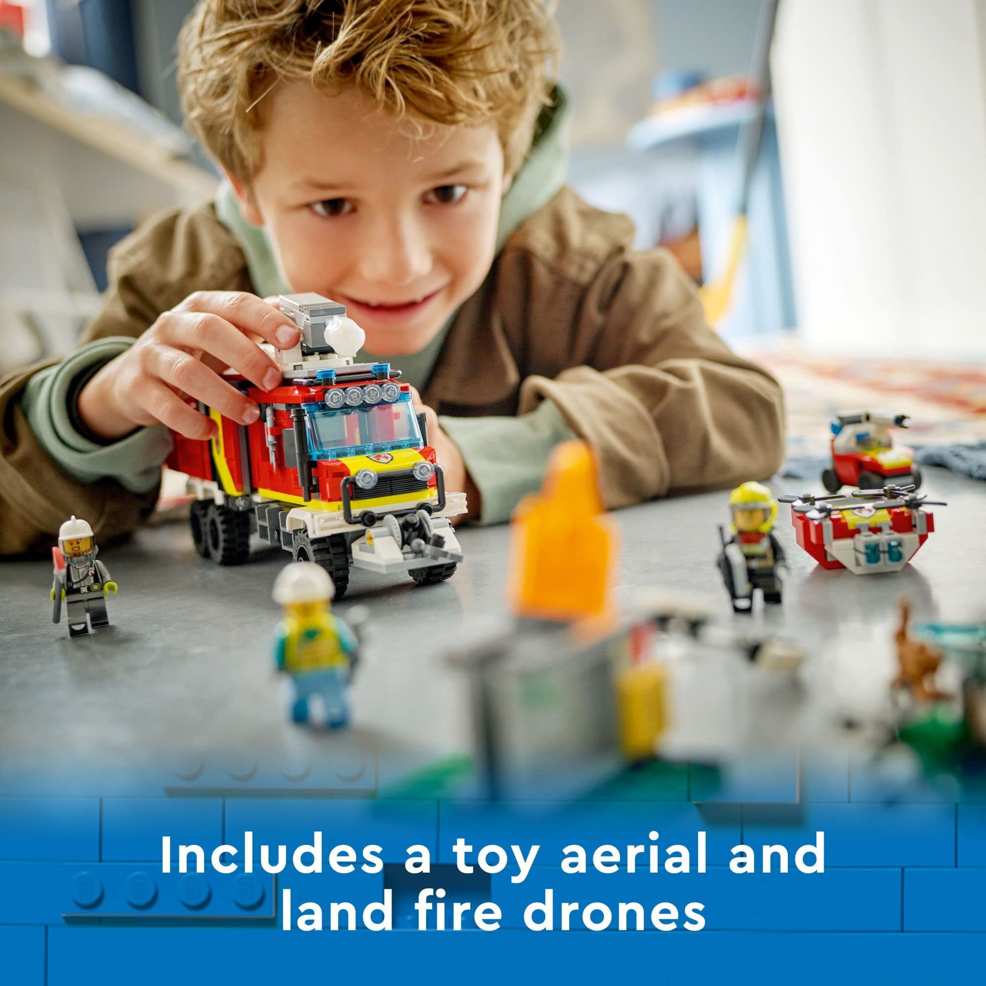 LEGO City Fire Command Truck Building Set with Land & Air Drones - 60374 Fire Truck Toy for Kids Ages 7+ | Pretend Play with 3 Minifigures | Perfect Birthday Gift for Boys & Girls | STEM Learning & Emergency Rescue Role Play