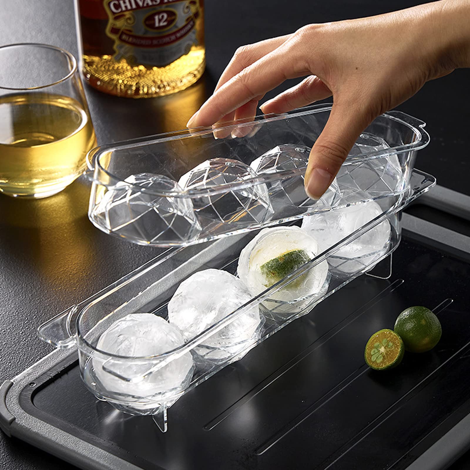 2 Pcs Round Ice Cube Molds with Tongs & Lids - Diamond Ball Ice Cube Freezer Tray for Cocktail & Whiskey - Perfect for Home Bars, Parties, and Chilled Beverages